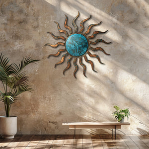 Turquoise Rustic Sun Metal Wall – UV Printed Aluminum Decor Custom Coastal Indoor Outdoor