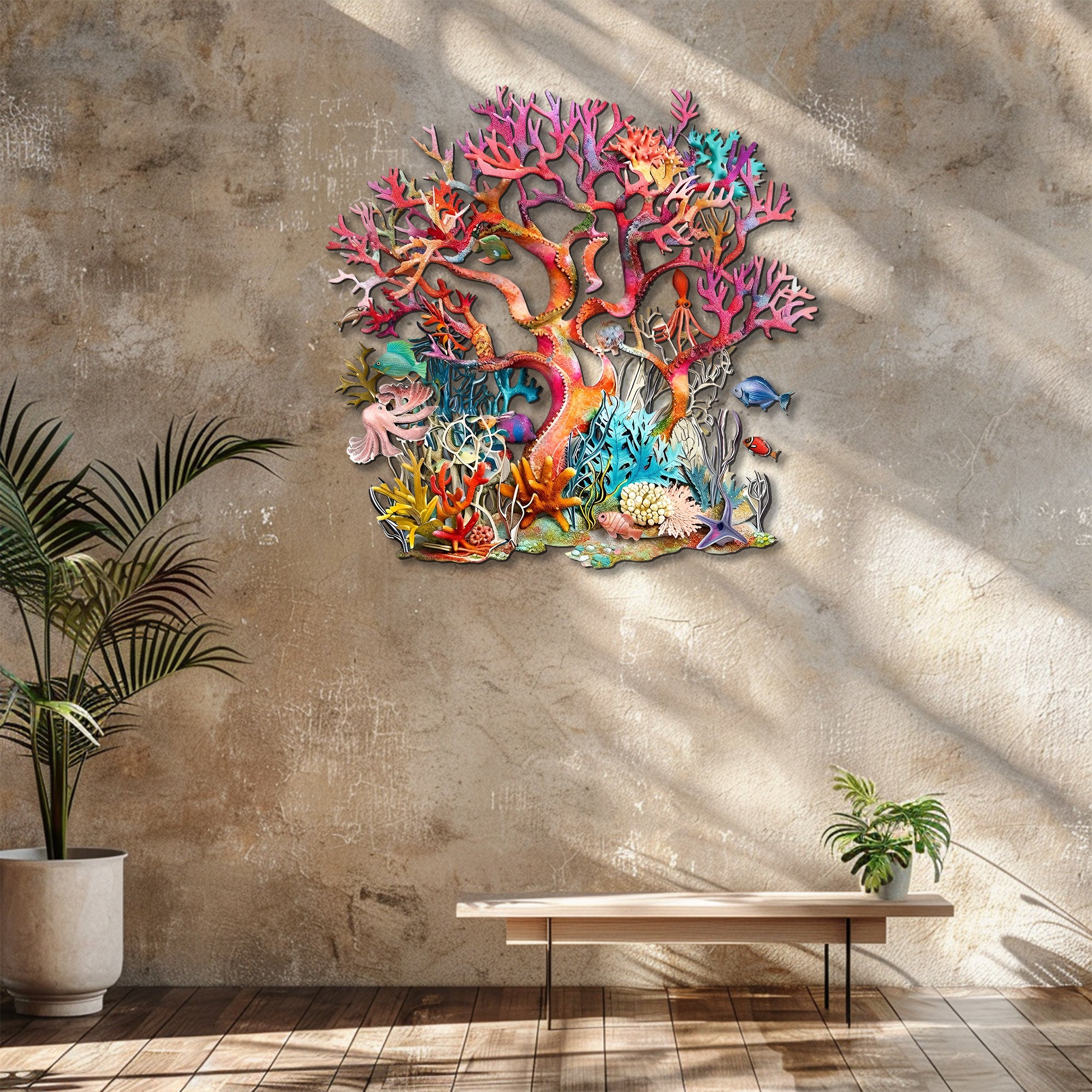 Pink Coral School of Fish Metal Wall Art – UV Printed Coastal Decor Beach Indoor Outdoor