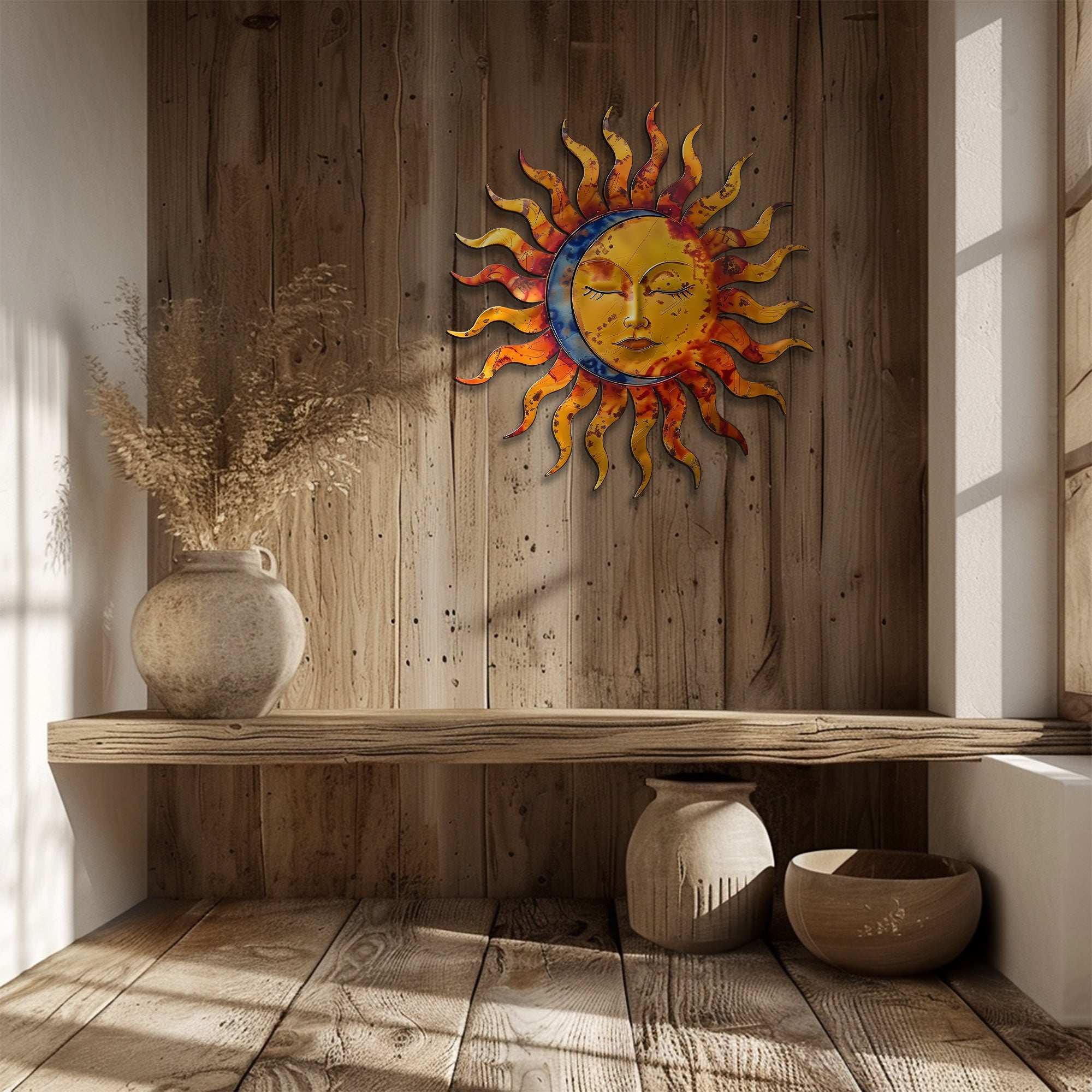 Sunburst Moon Metal Wall Art – UV Printed Aluminum Decor Custom Rustic Indoor Outdoor