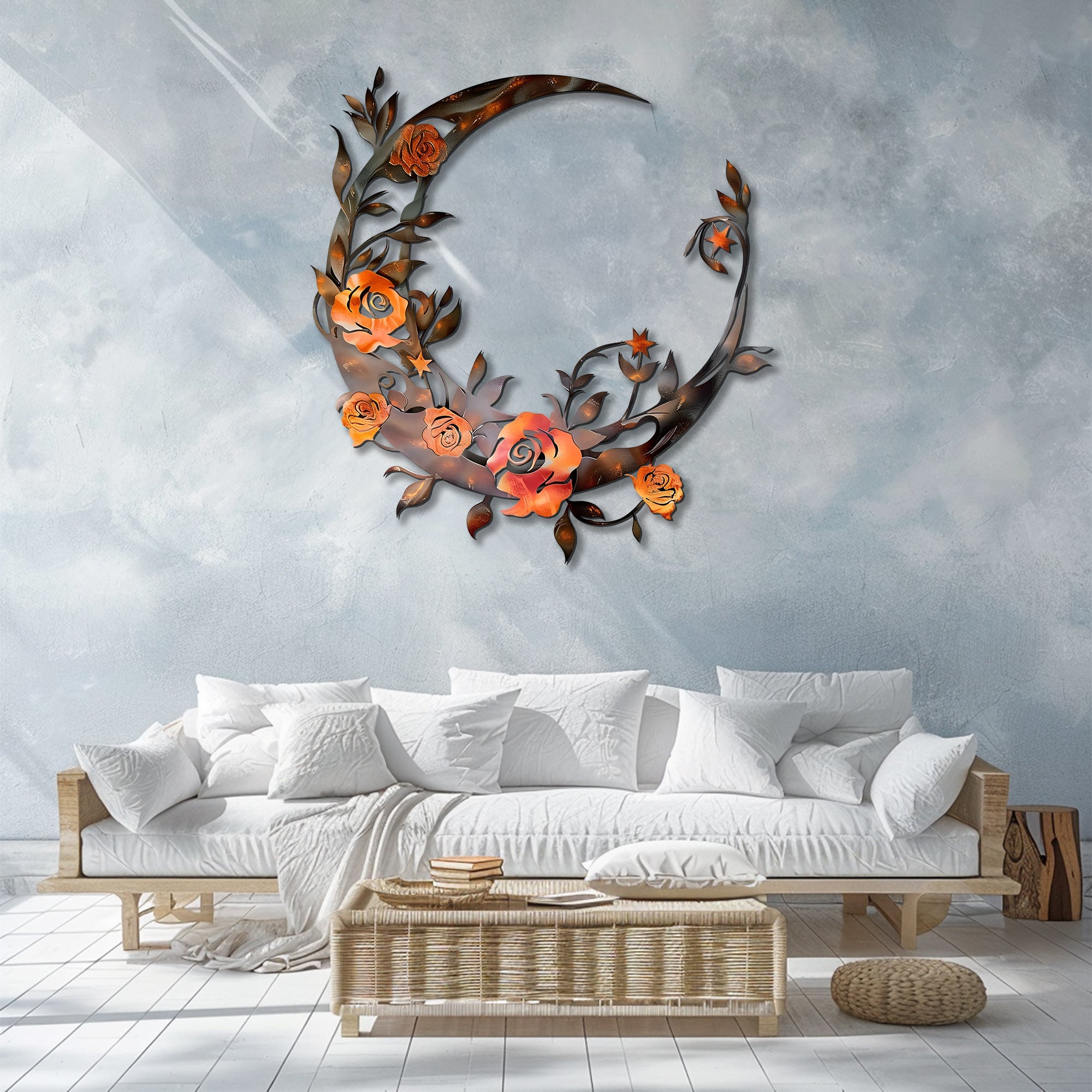 Rustic Moon Flower Metal Wall Art – UV Printed Aluminum Decor Boho Indoor Outdoor