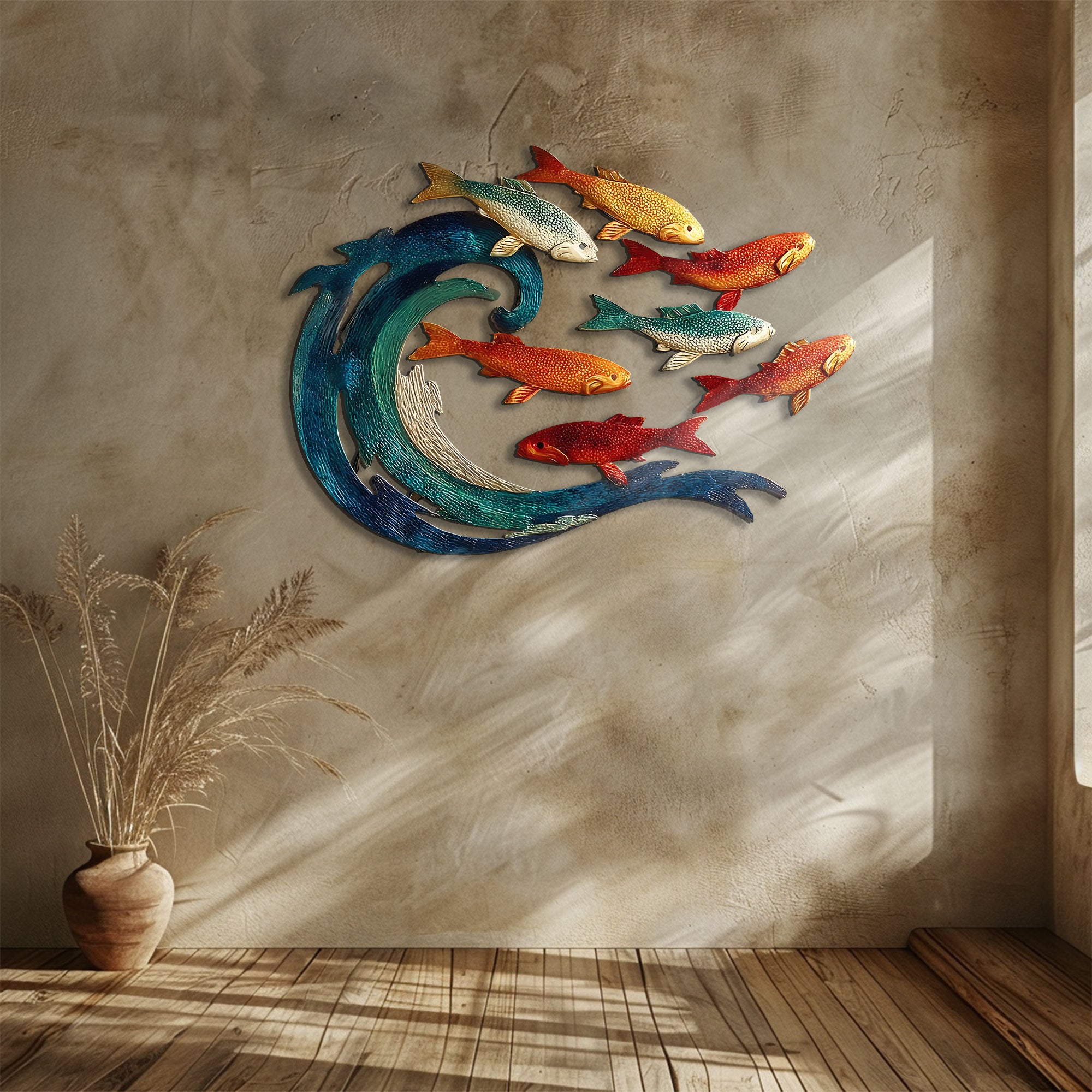 Wave School of Fish Metal Wall Art – UV Printed Coastal Decor Beach Indoor Outdoor