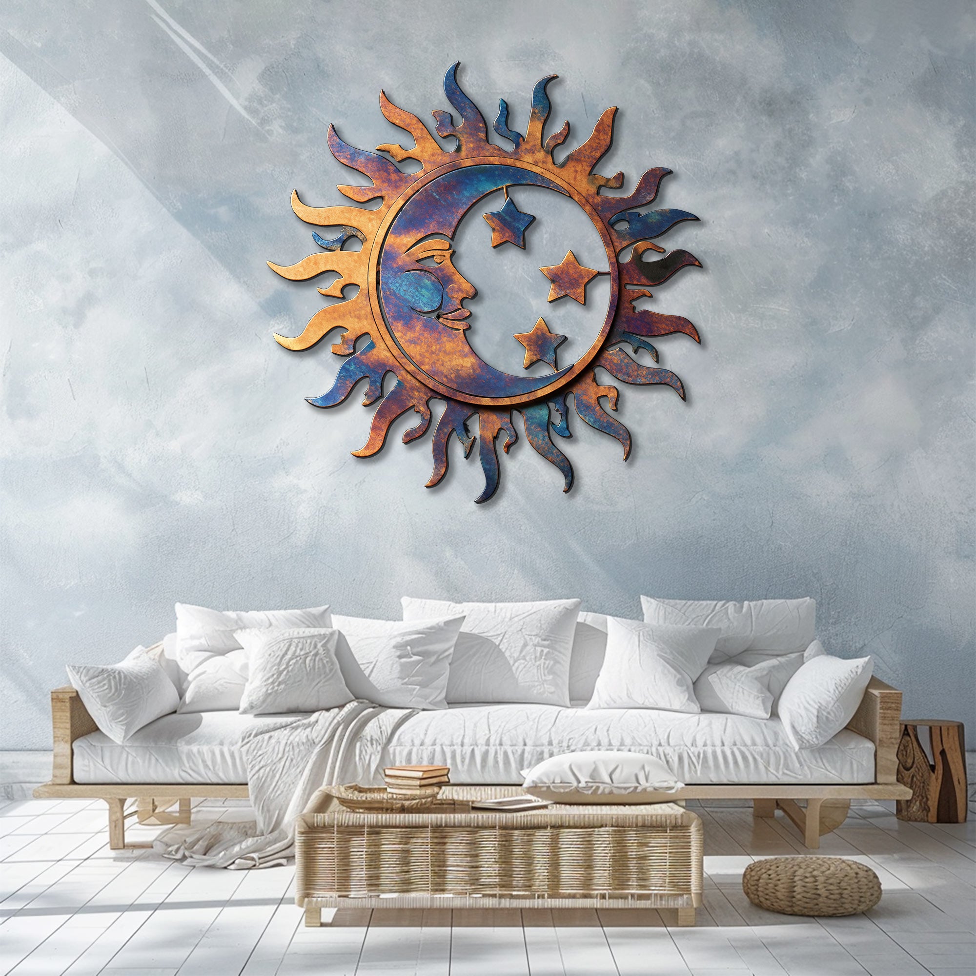 Blue Copper Sun Moon Star Metal Wall Art – UV Printed Decor Boho Indoor Outdoor