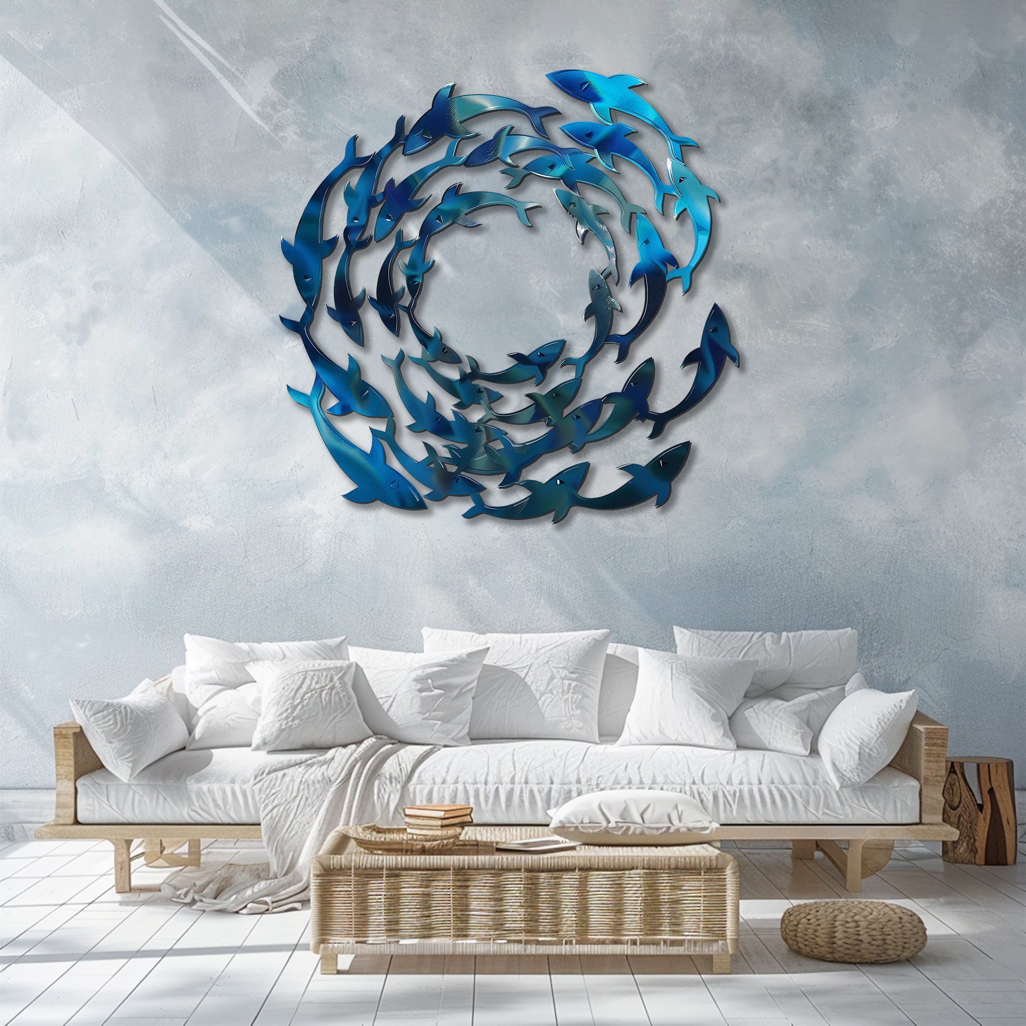 Circle School of Fish Metal Wall Art – UV Printed Coastal Decor Beach Indoor Outdoor