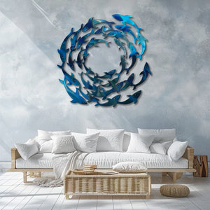 Circle School of Fish Metal Wall Art – UV Printed Coastal Decor Beach Indoor Outdoor