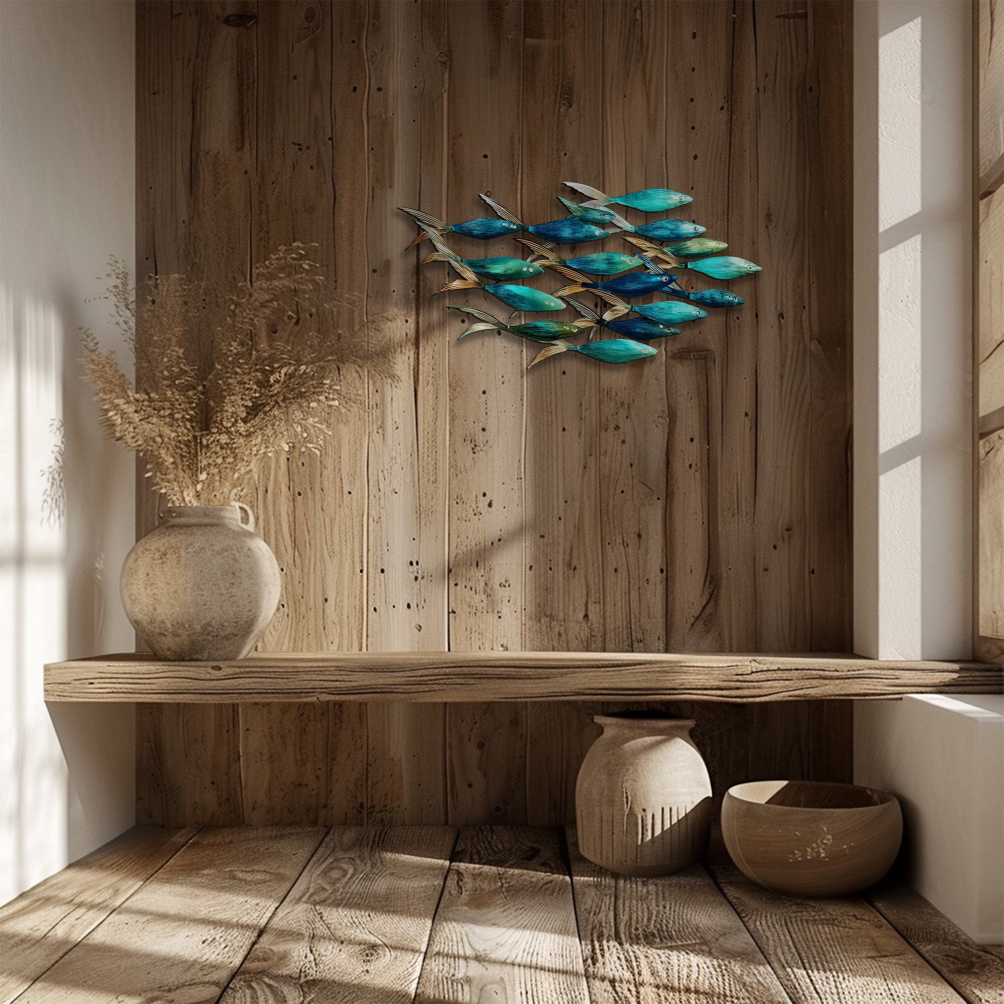 Blue School of Fish Metal Wall Art – UV Printed Aluminum Coastal Decor Beach Indoor Outdoor