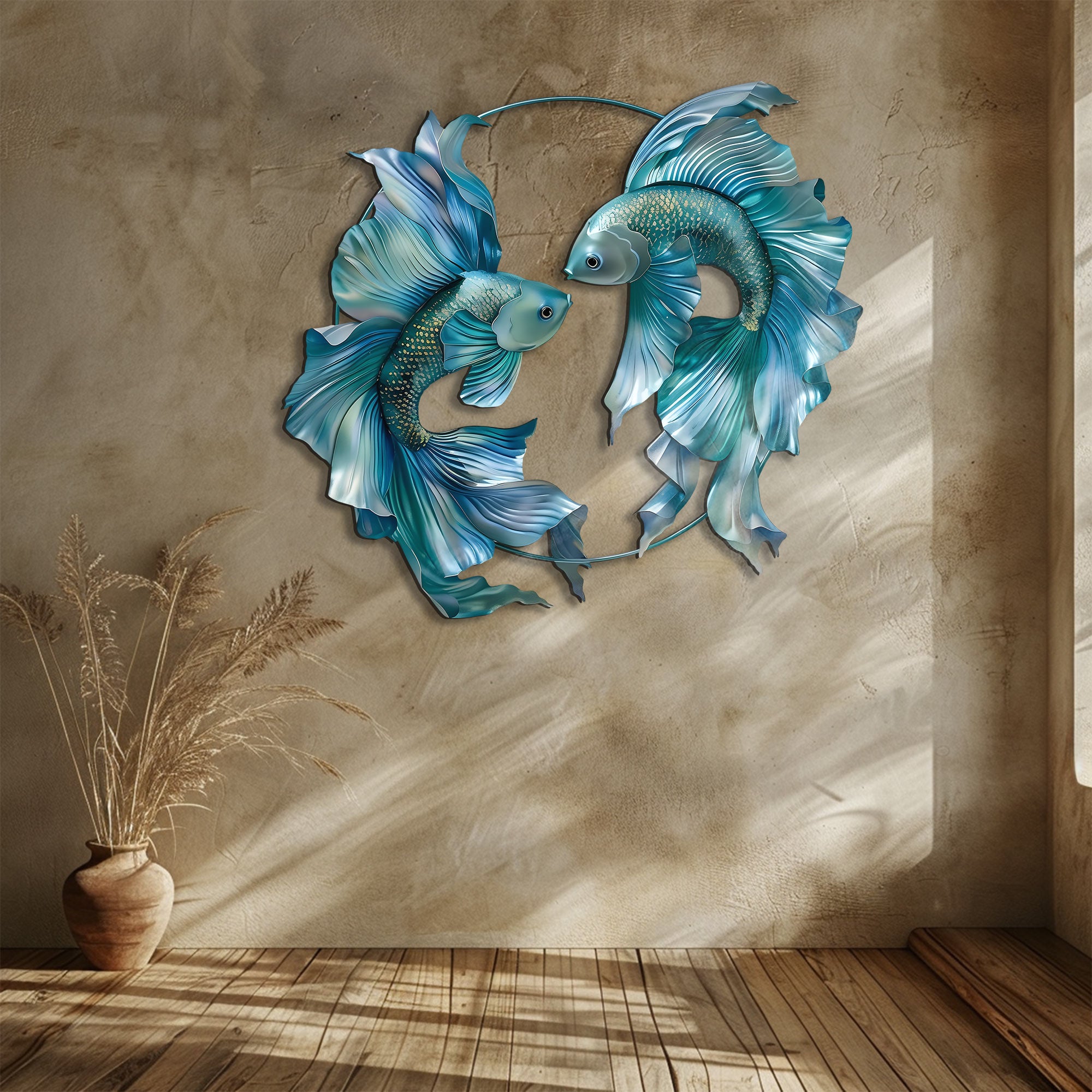 Blue Betta Fish Metal Wall Art – UV Printed Aluminum Coastal Decor Yin Yang Indoor Outdoor