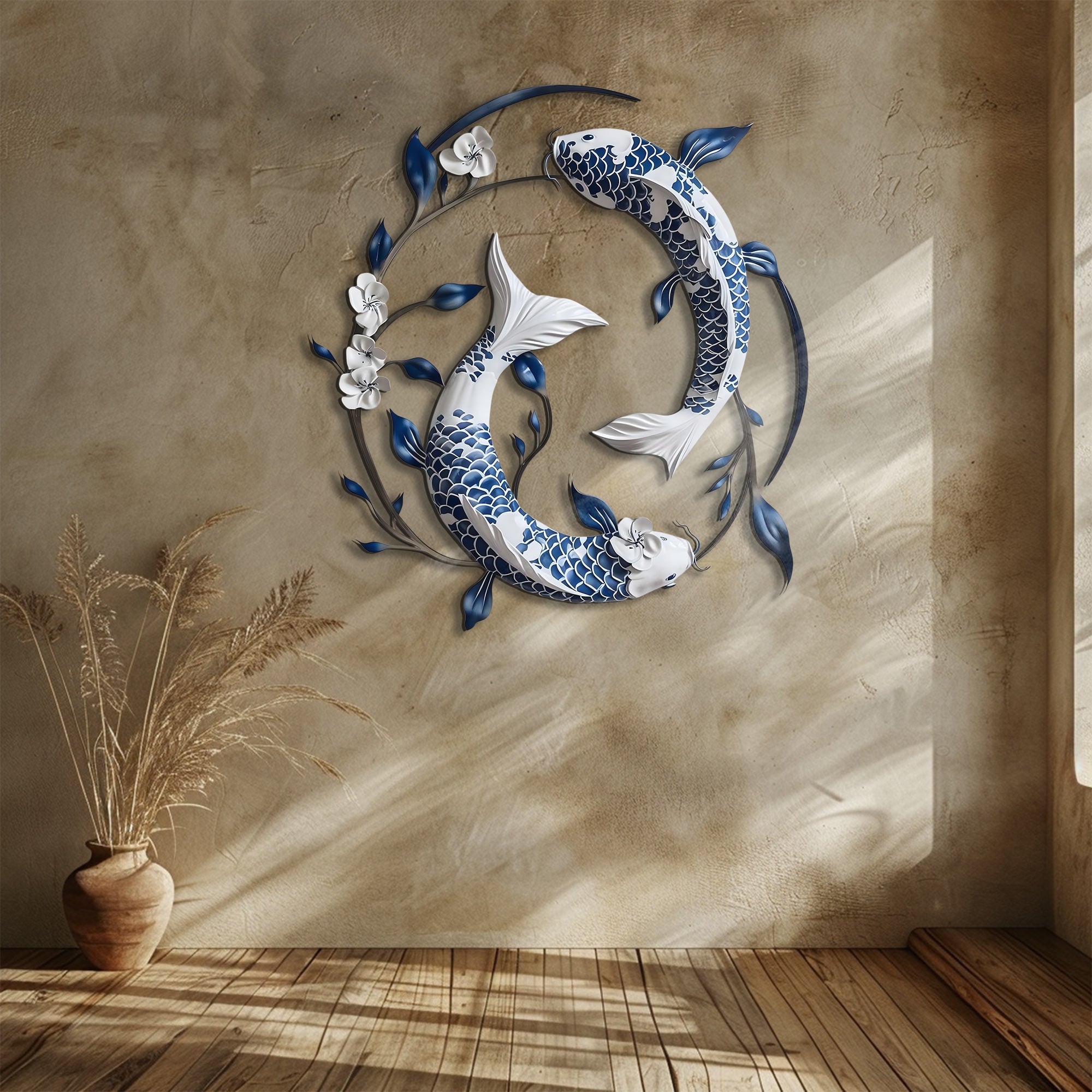 Blue White Koi Fish Metal Wall Art – UV Printed Aluminum Decor Feng Shui Zen Indoor Outdoor