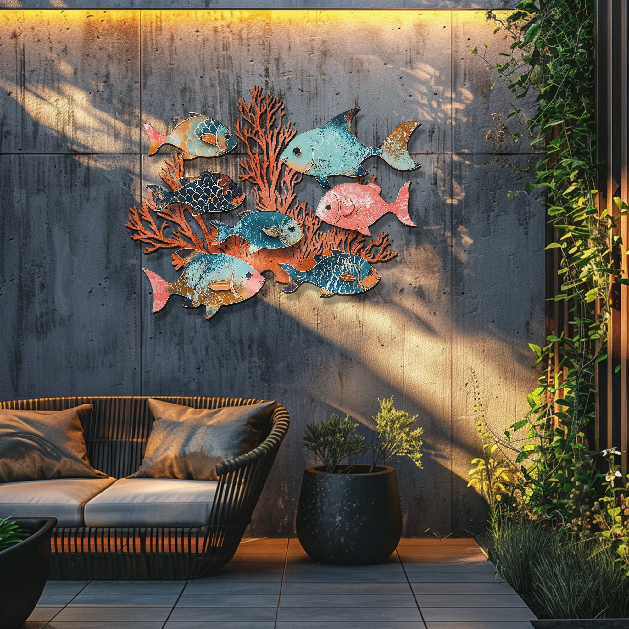 Coral School of Fish Metal Wall Art – UV Printed Coastal Decor Beach Indoor Outdoor