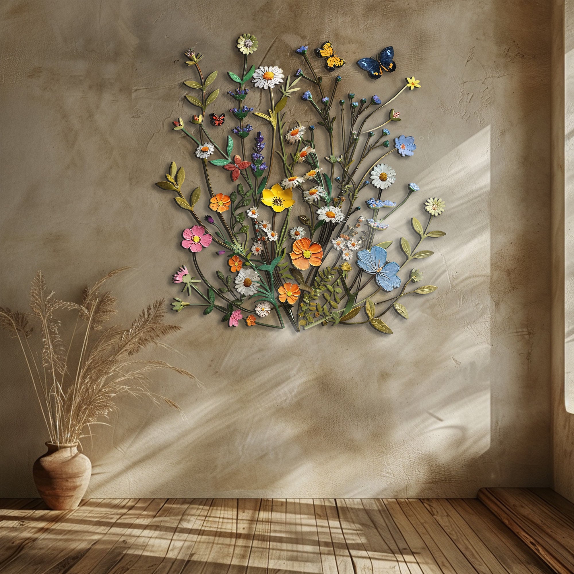 Spring Wildflower Butterfly Metal Wall Art – UV Printed Aluminum Nature Garden Decor Indoor Outdoor