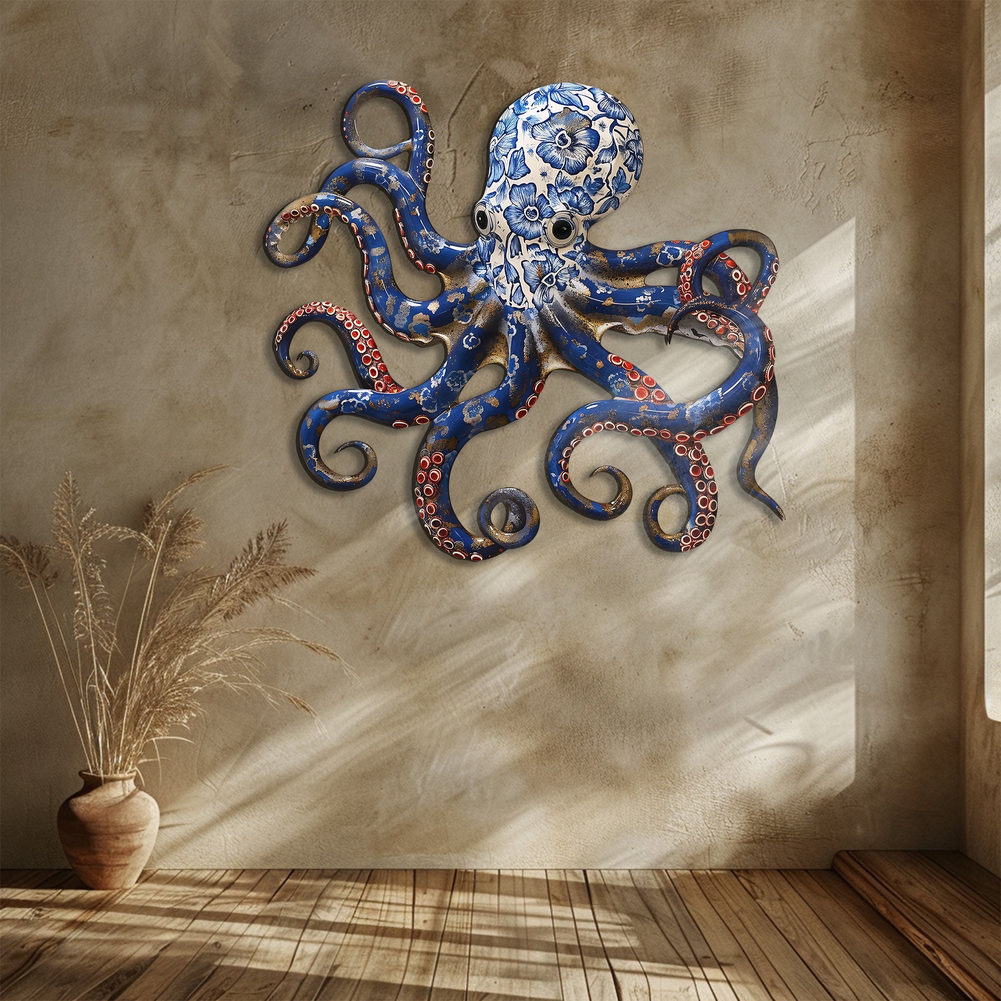 Blue Octopus Metal Wall Art – UV Printed Aluminum Coastal Decor Ocean Indoor Outdoor