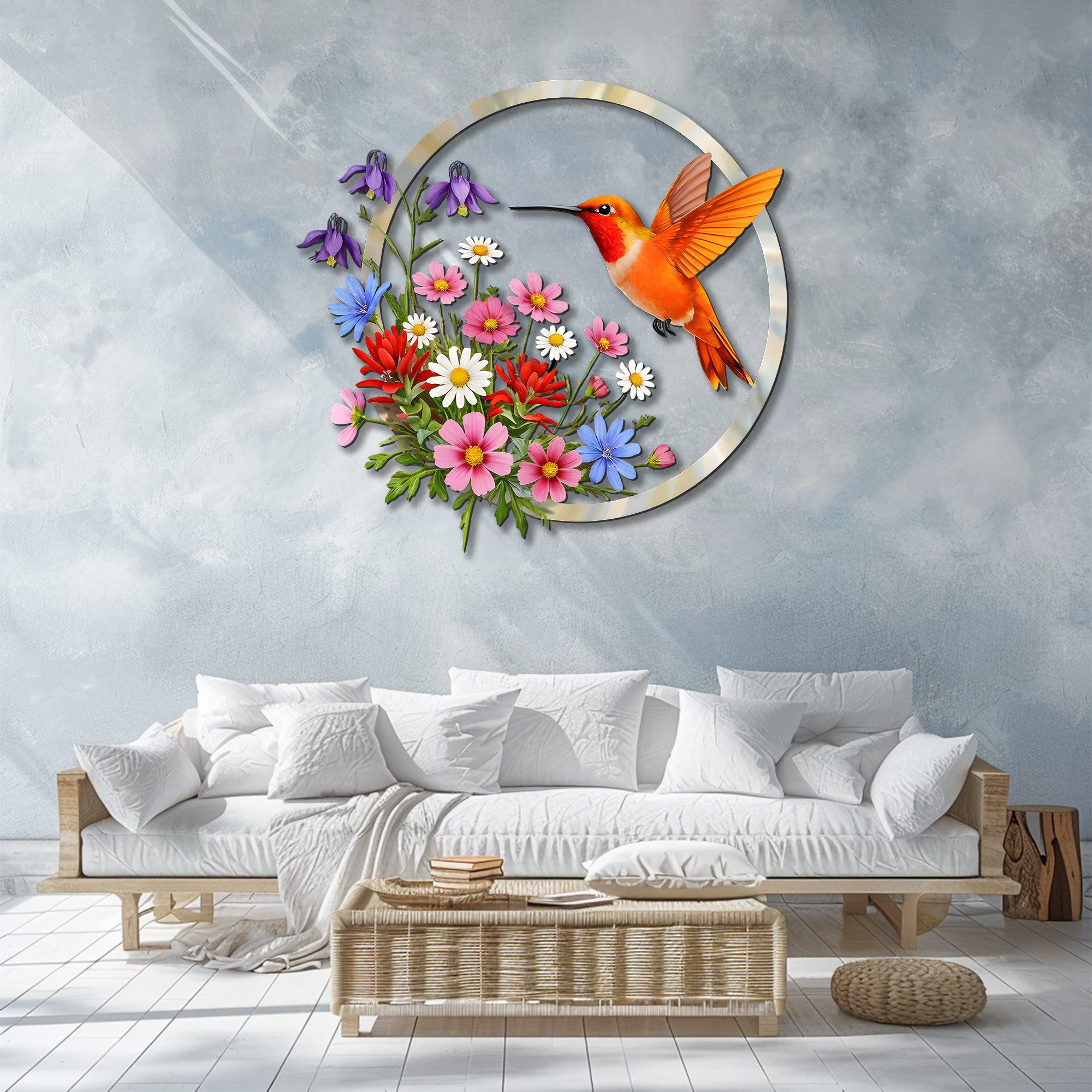 Hummingbird Floral Metal Wall Art – UV Printed Nature Decor Garden Indoor Outdoor
