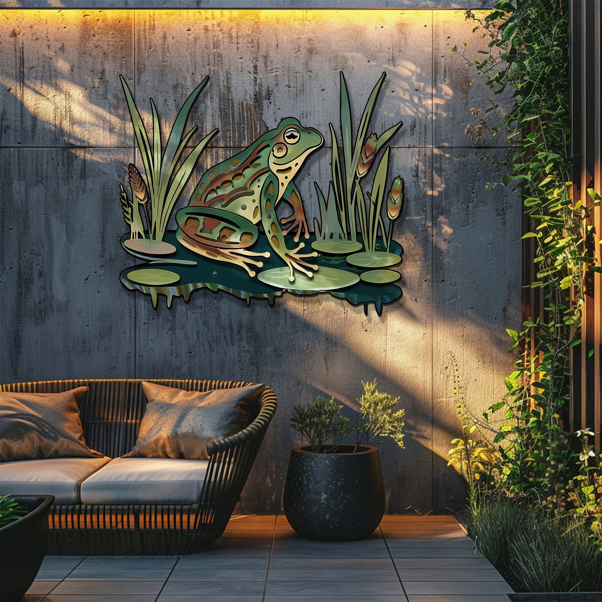 Frog Pond Metal Wall Art Lily Pad Nature Wall Decor Green Frog Garden Decor Rustic Wall Hanging