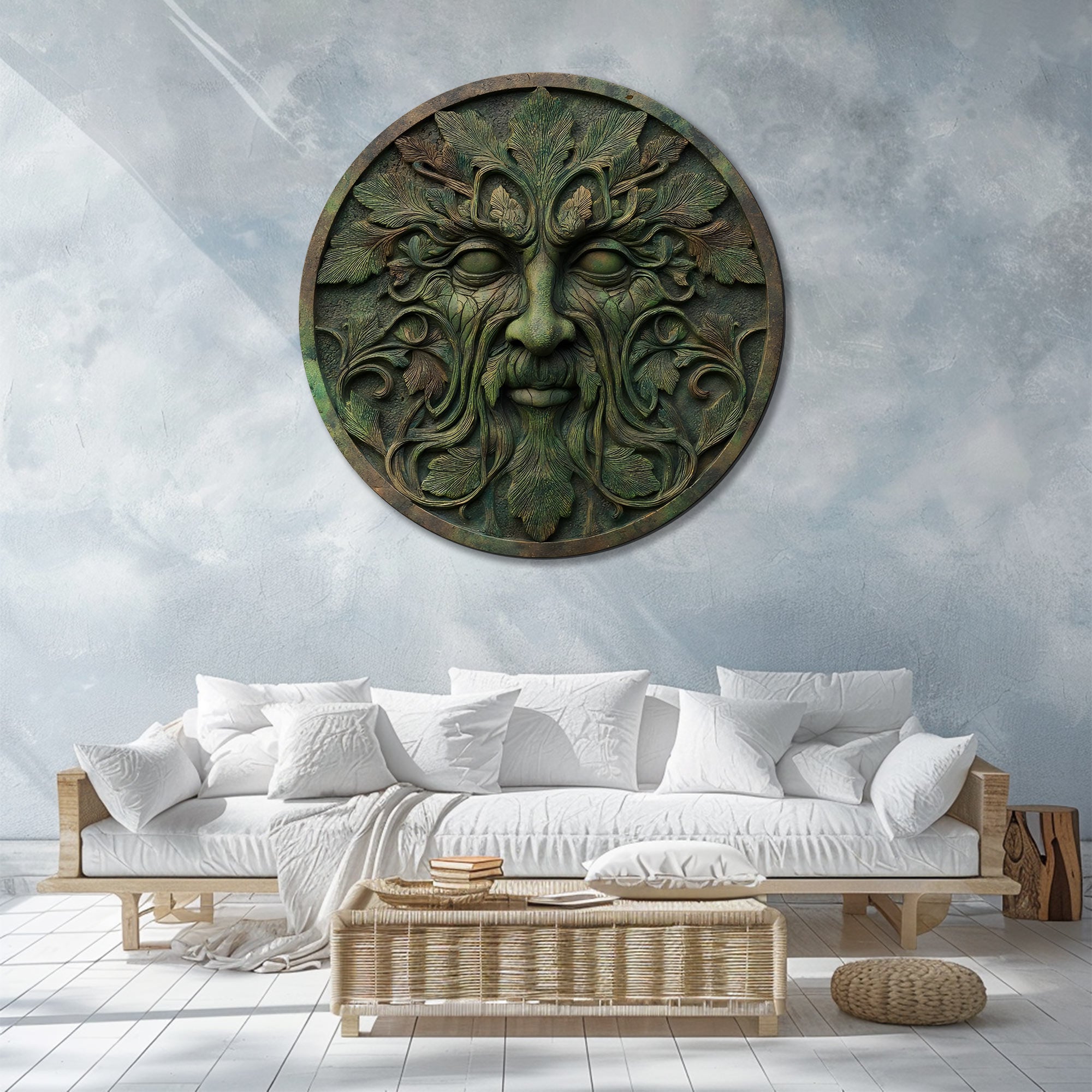 Green Man Face Metal Wall Art – UV Printed Aluminum Forest Spirit Garden Decor Indoor Outdoor