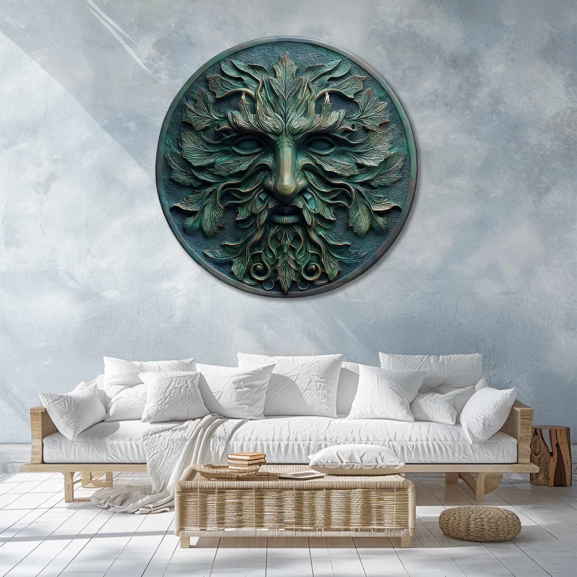 Green Man Face Metal Wall Art – UV Printed Aluminum Forest Spirit Garden Decor Indoor Outdoor V1