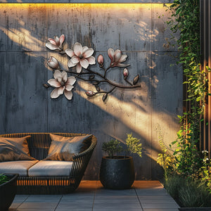 Magnolia Flower Metal Wall Art Floral Branch Wall Decor Elegant Botanical Aluminum Wall Hanging Farmhouse Decor