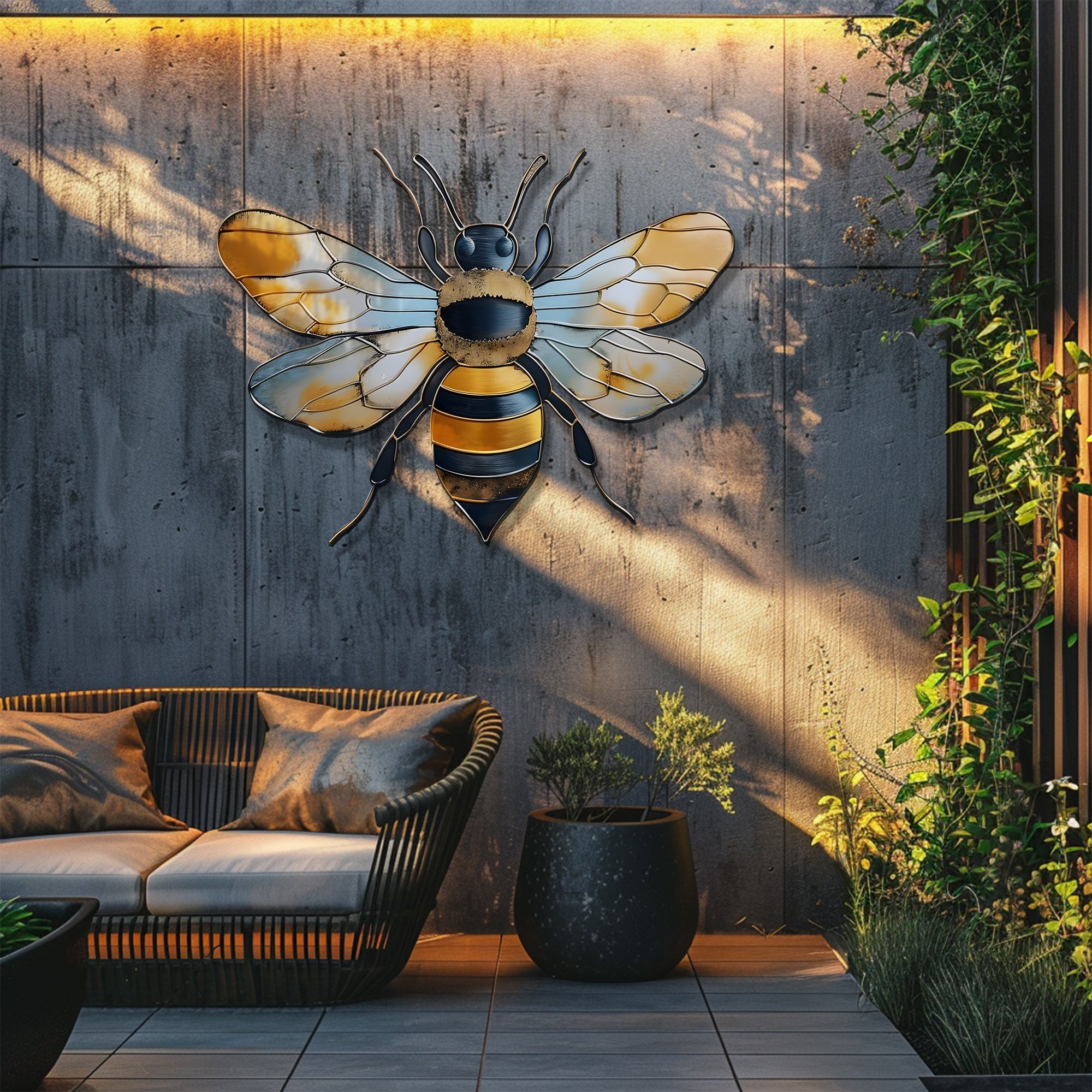 Bee Metal Wall Art Gold Honey Bee Decor – Rustic Garden Wall Hanging Farmhouse Insect Wall Art Nature Home Decor