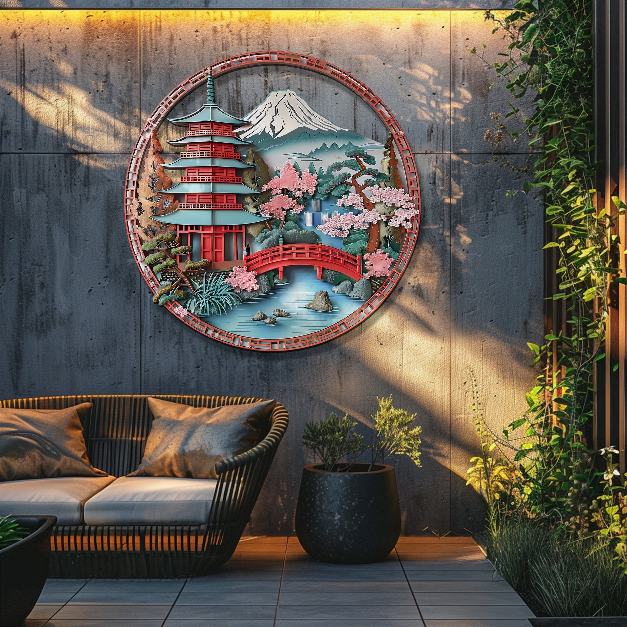 Japanese Pagoda Wall Art Sakura Landscape Decor – Asian Mountain Fuji Bridge Scene Metal Wall Decor Zen Home Decor