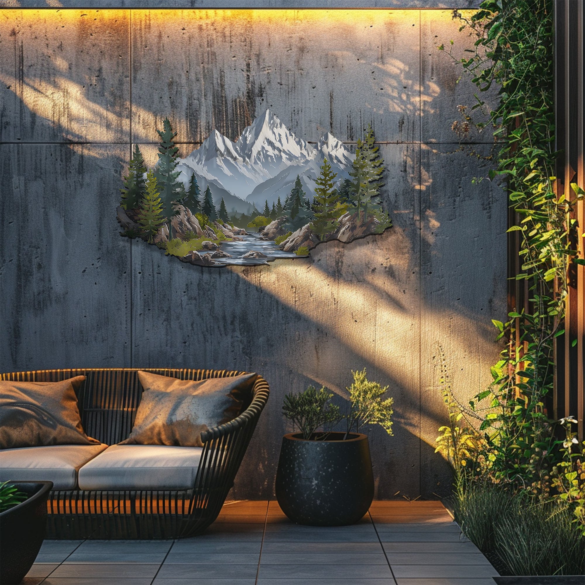 Mountain Wall Art – Forest River Landscape Metal Decor V3