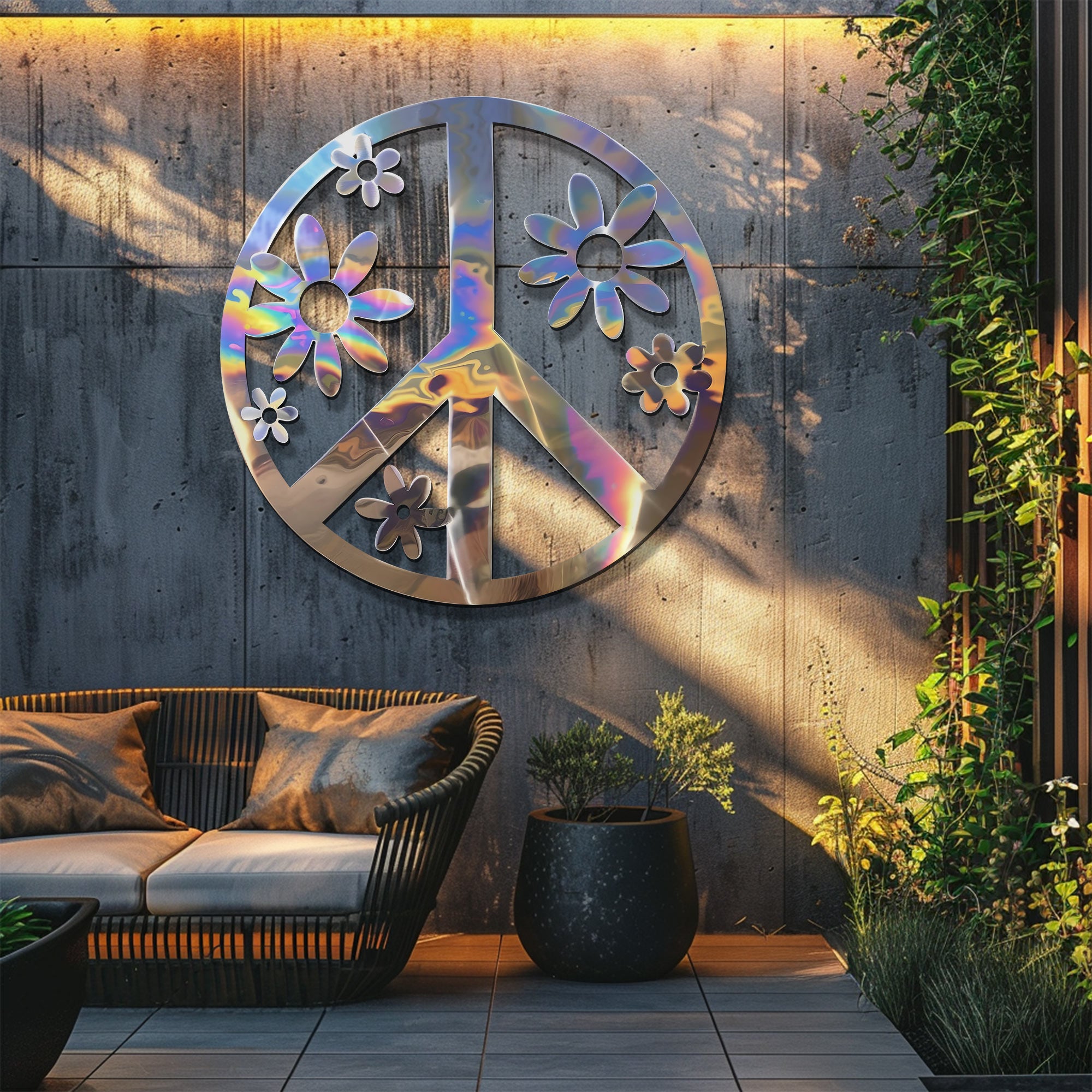 Peace Sign Wall Art – Boho Floral Metal Decor