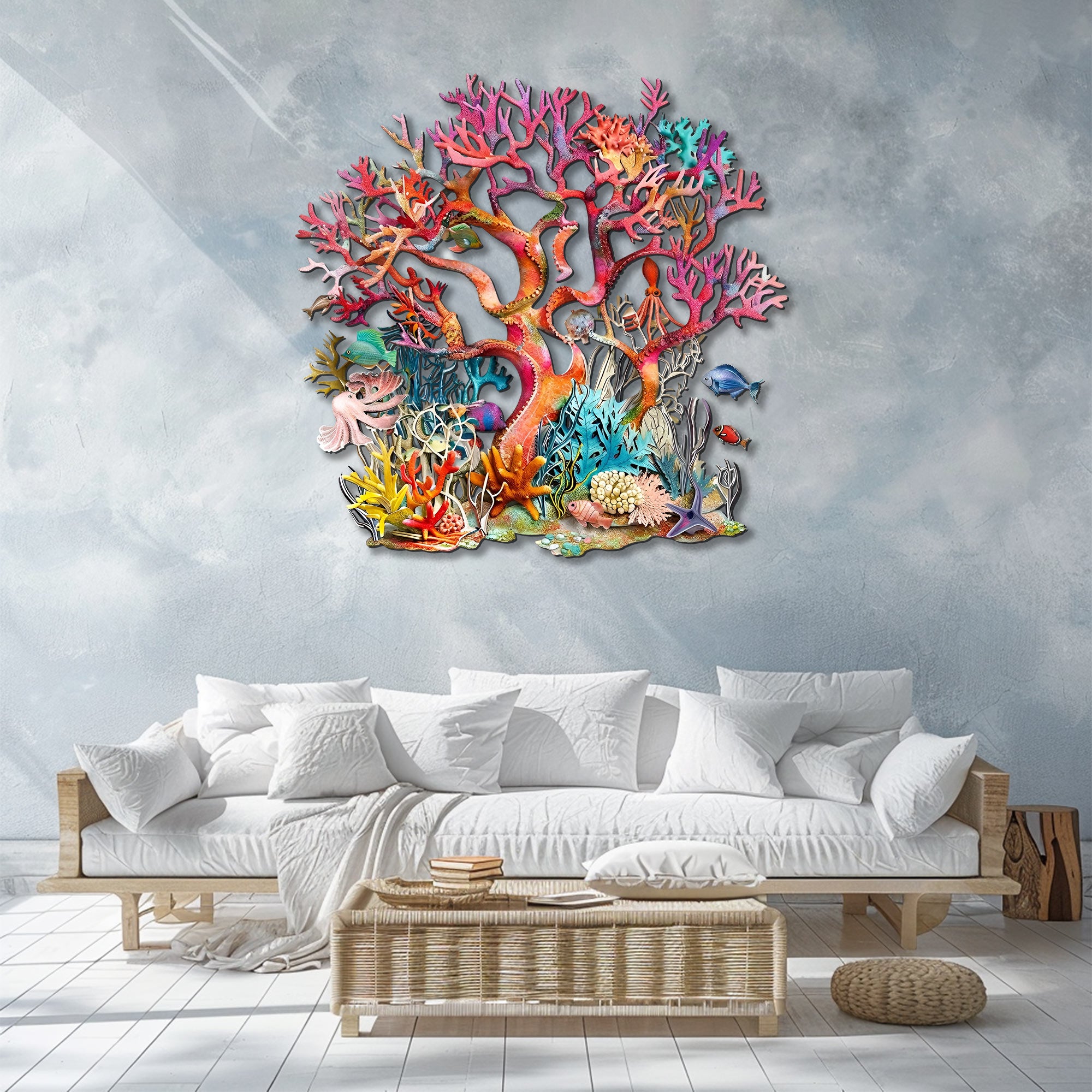 Pink Coral School of Fish Metal Wall Art – UV Printed Coastal Decor Beach Indoor Outdoor
