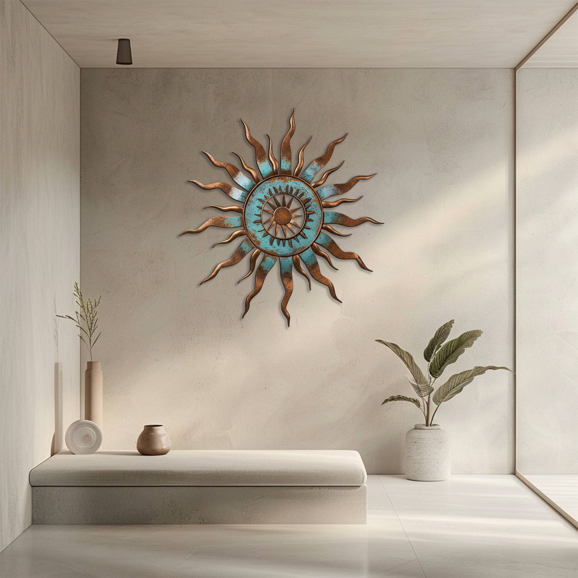 Turquoise Sun Metal Wall Art – UV Printed Aluminum Decor for Indoor &amp; Outdoor