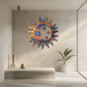 Blue Copper Sun Moon Star Metal Wall Art – UV Printed Decor Boho Indoor Outdoor