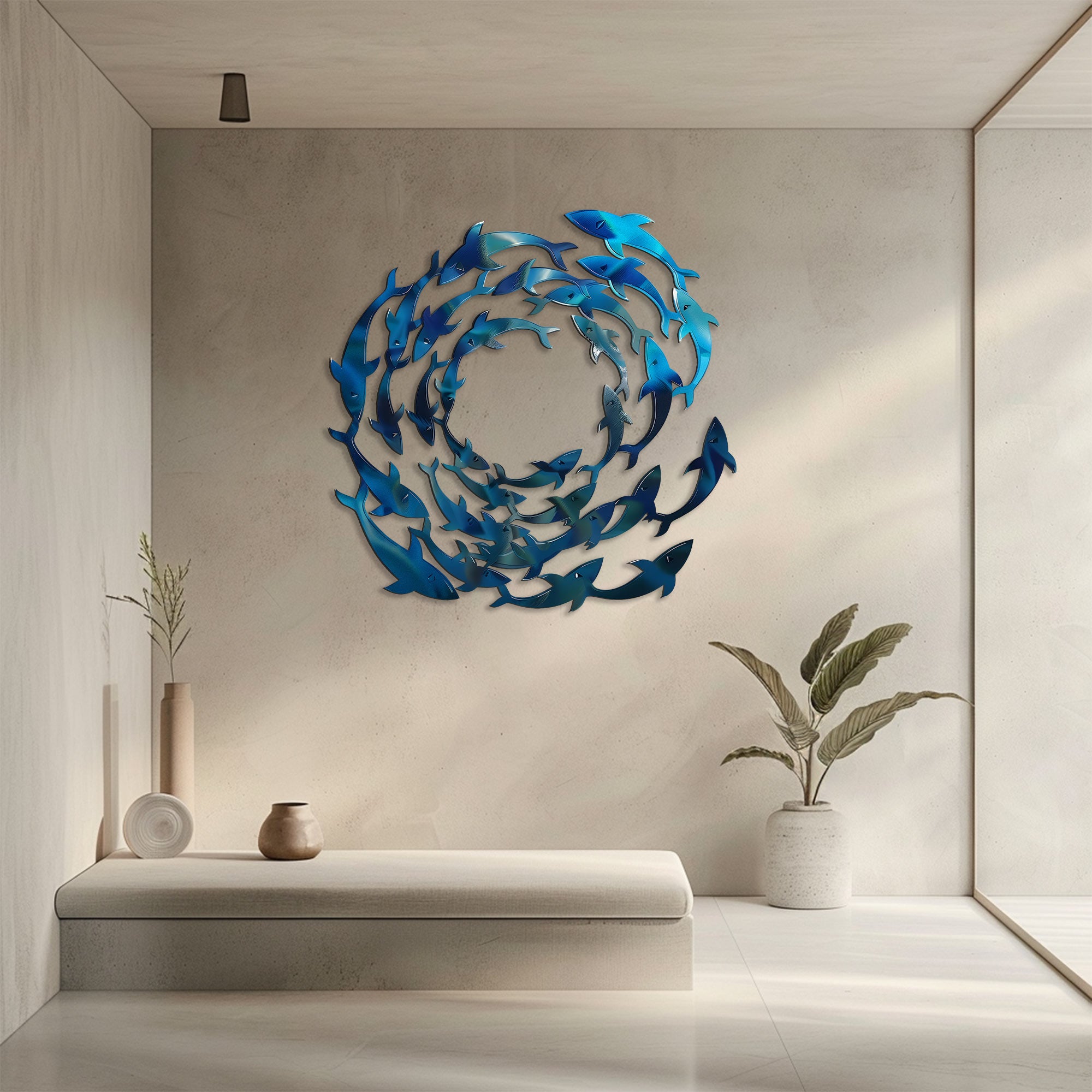 Circle School of Fish Metal Wall Art – UV Printed Coastal Decor Beach Indoor Outdoor