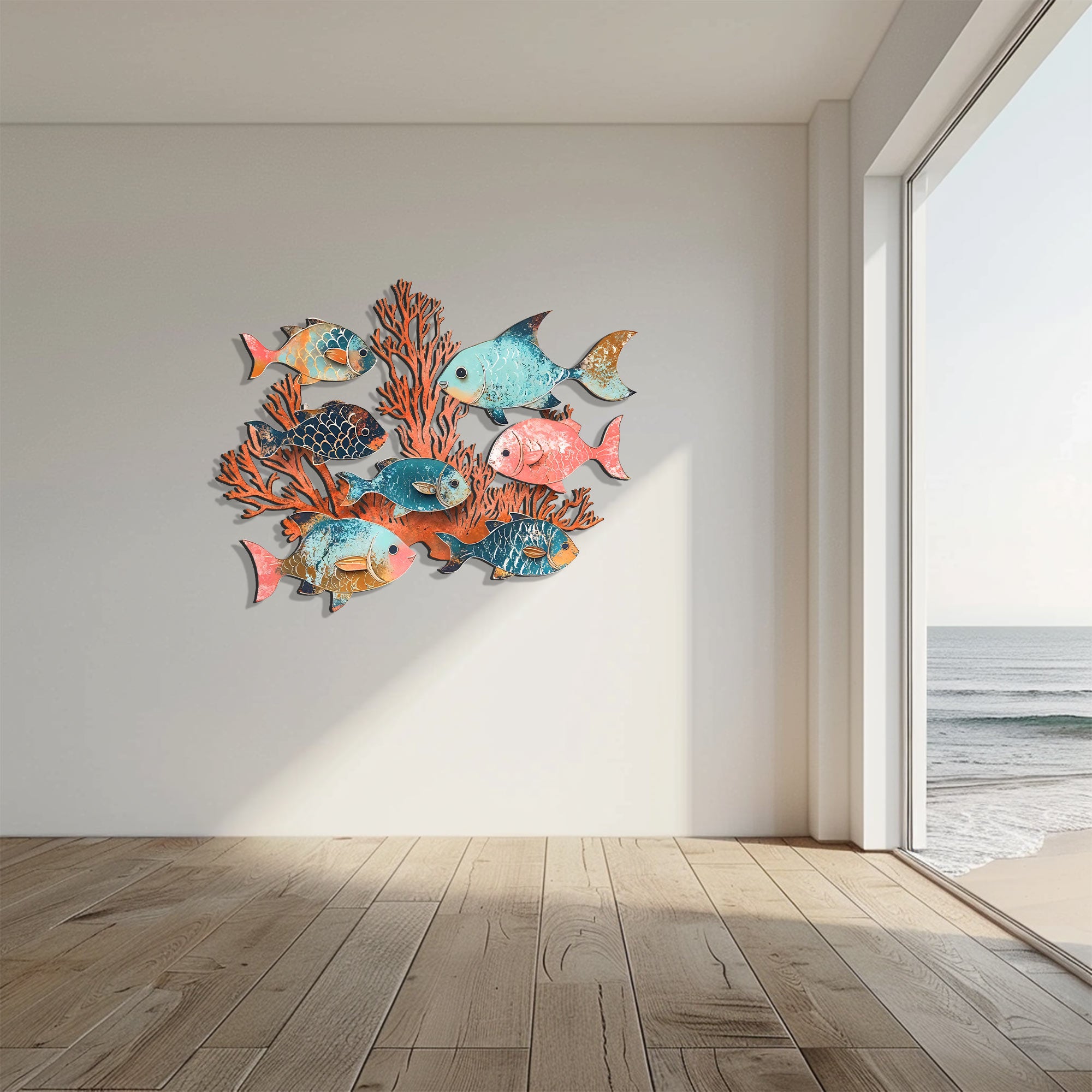 Coral School of Fish Metal Wall Art – UV Printed Coastal Decor Beach Indoor Outdoor