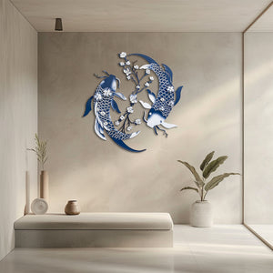 Blue Koi Fish Metal Wall Art – UV Printed Aluminum Japanese Zen Decor Indoor Outdoor