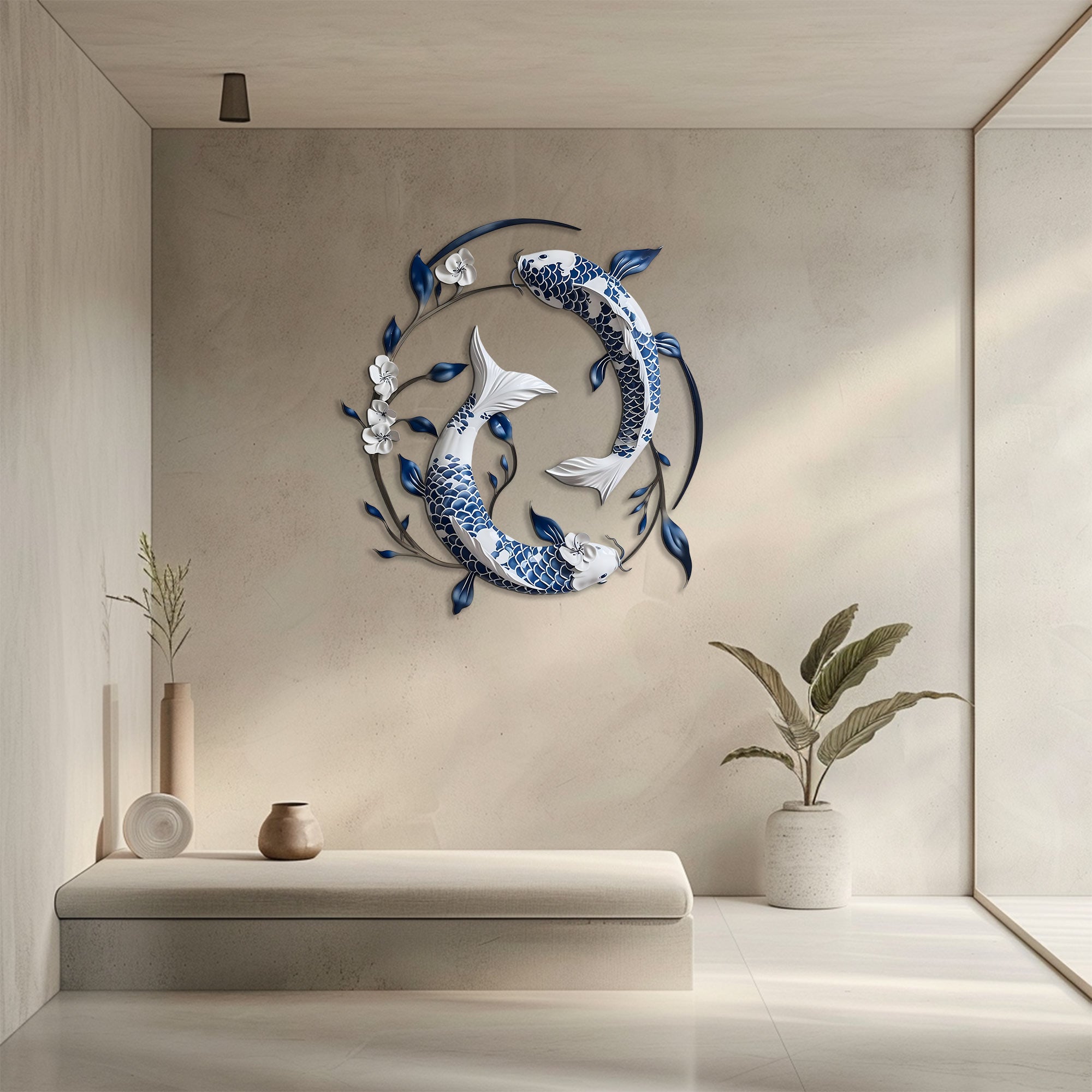Blue White Koi Fish Metal Wall Art – UV Printed Aluminum Japanese Zen Decor Indoor Outdoor