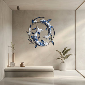 Blue White Koi Fish Metal Wall Art – UV Printed Aluminum Japanese Zen Decor Indoor Outdoor