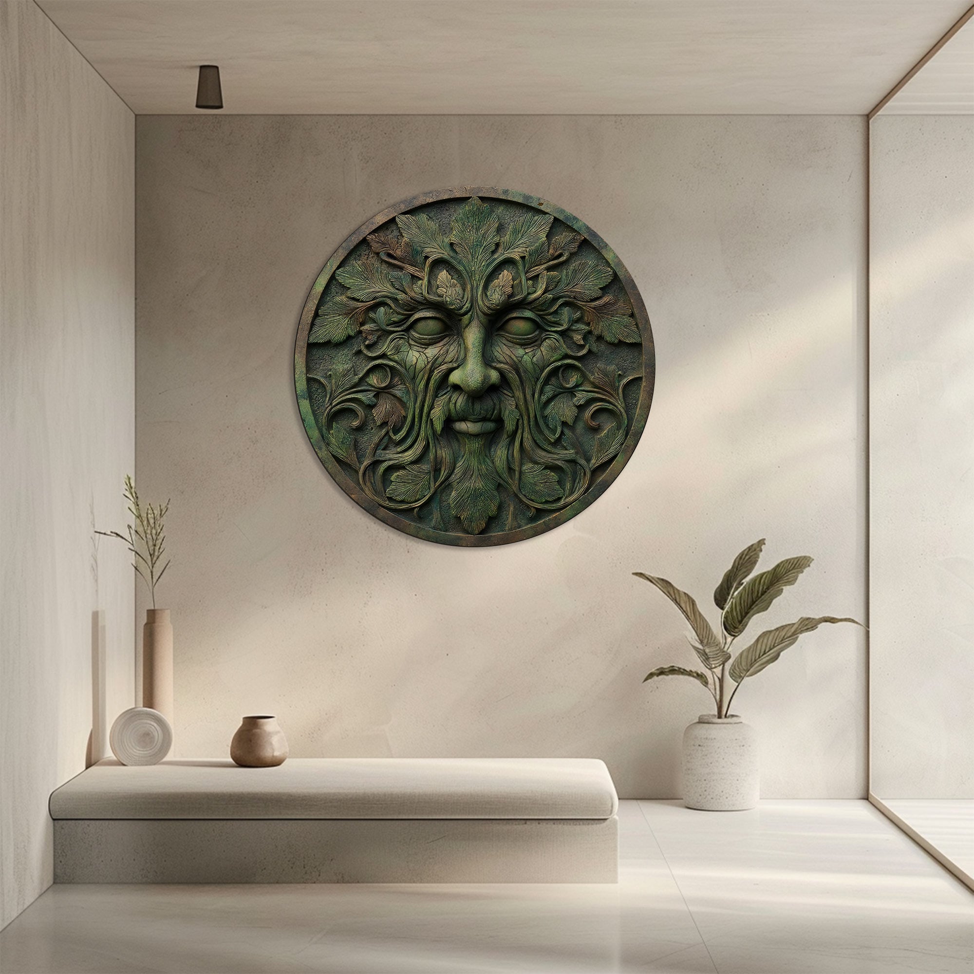 Green Man Face Metal Wall Art – UV Printed Aluminum Forest Spirit Garden Decor Indoor Outdoor