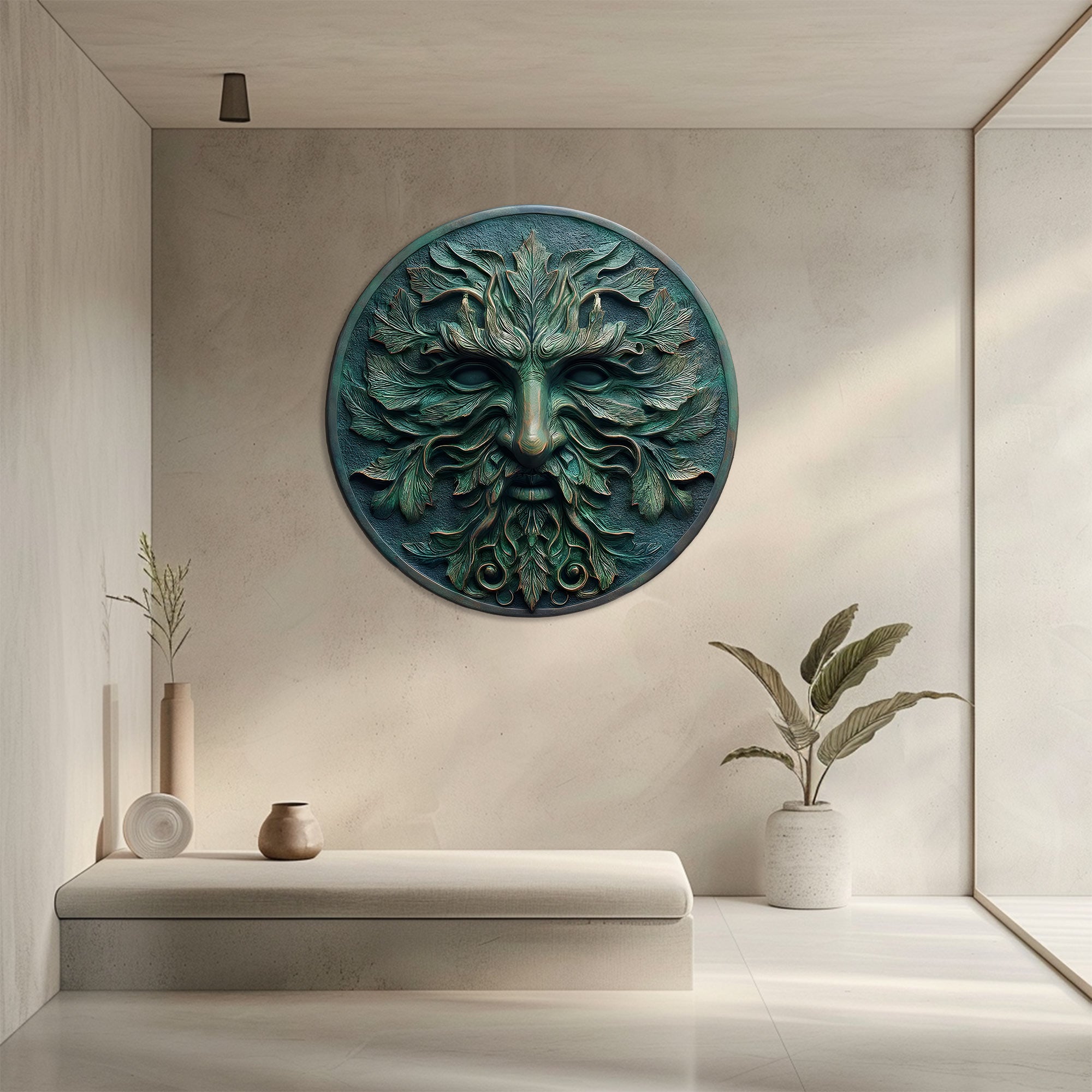 Green Man Face Metal Wall Art – UV Printed Aluminum Forest Spirit Garden Decor Indoor Outdoor V1