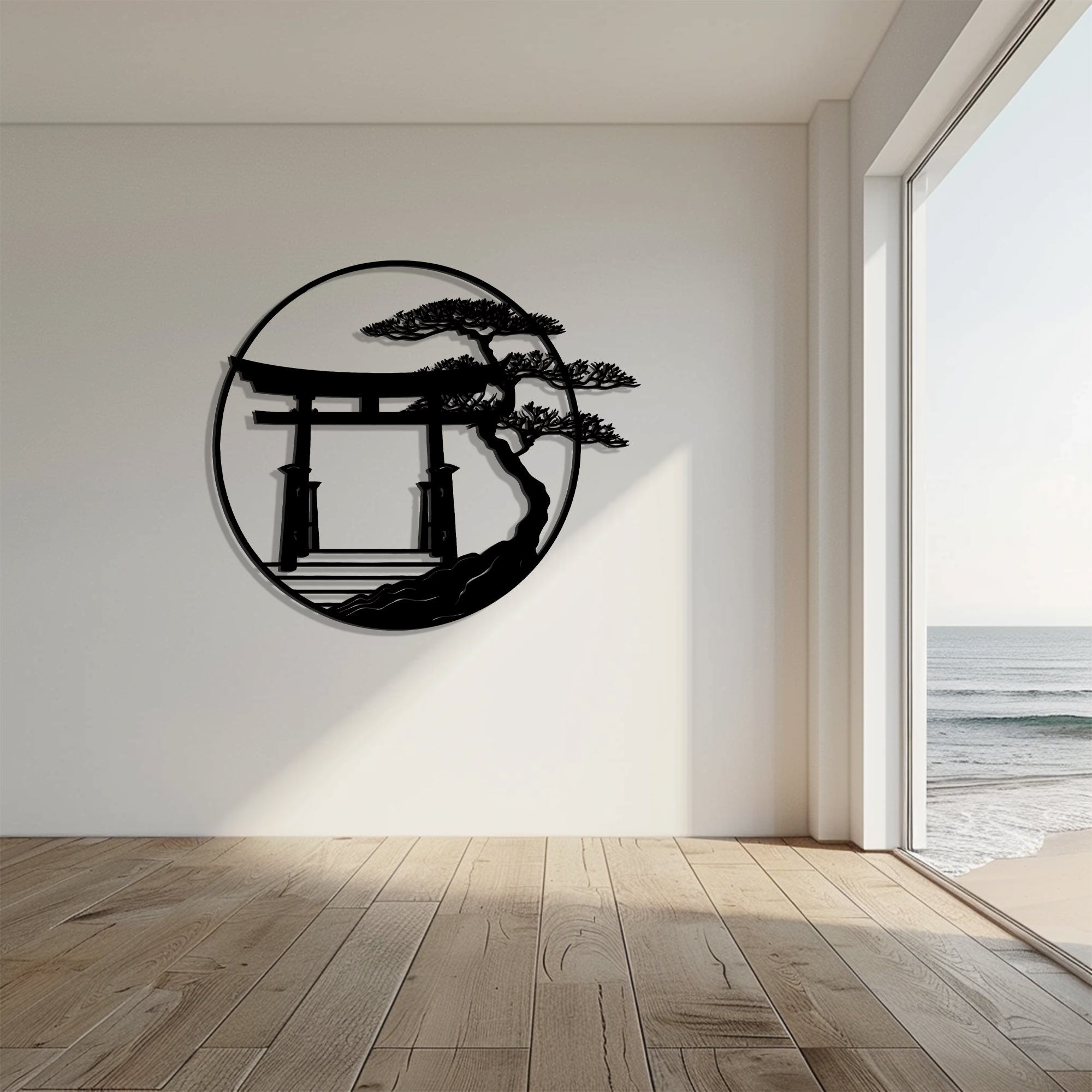 Japanese Torii Gate Metal Wall Art Zen Decor – Minimalist Asian Wall Hanging Bonsai Tree Home Decor