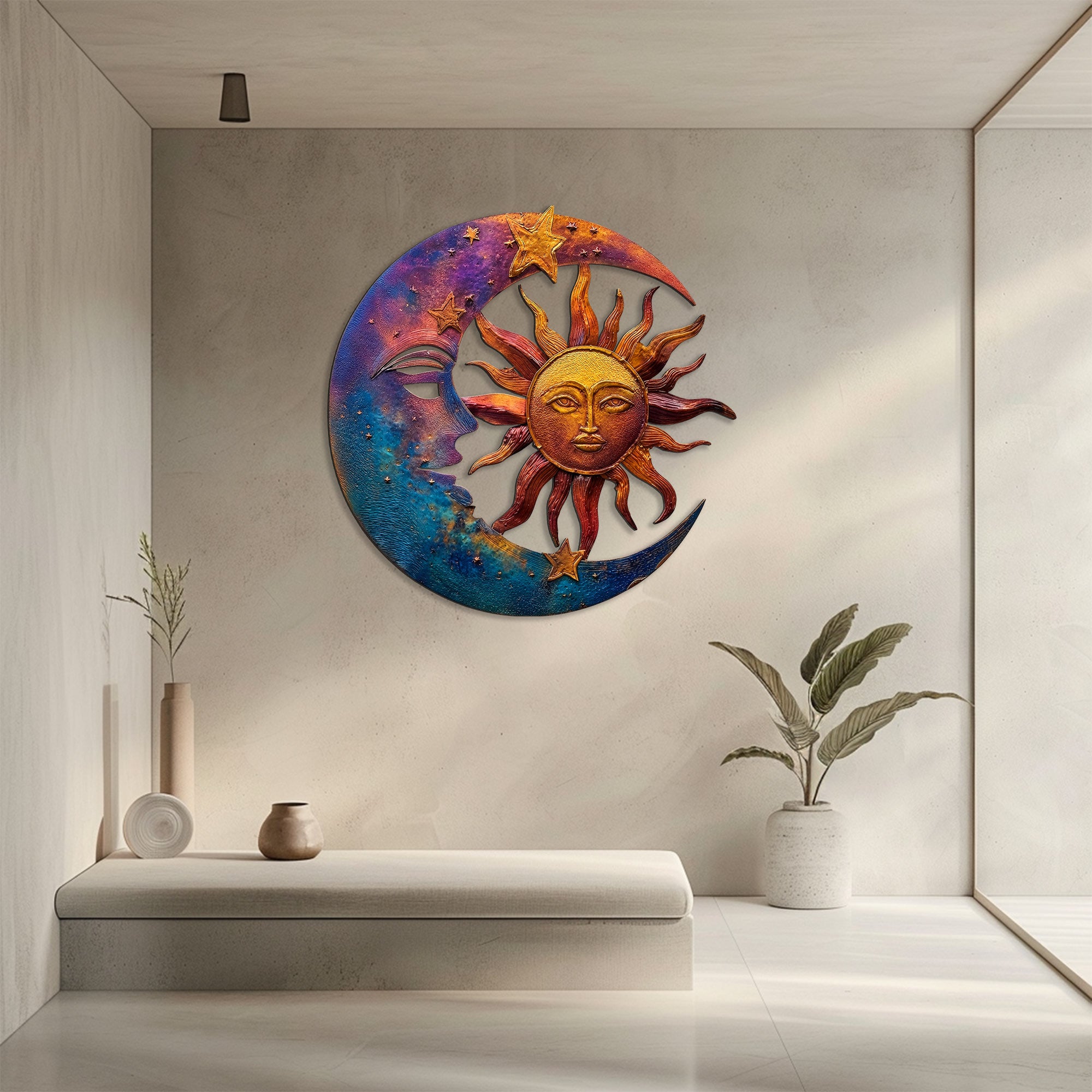 Sun Moon Celestial Metal Wall Art – Boho Sun and Moon Wall Hanging Rustic Astrology Wall Art Home Decor