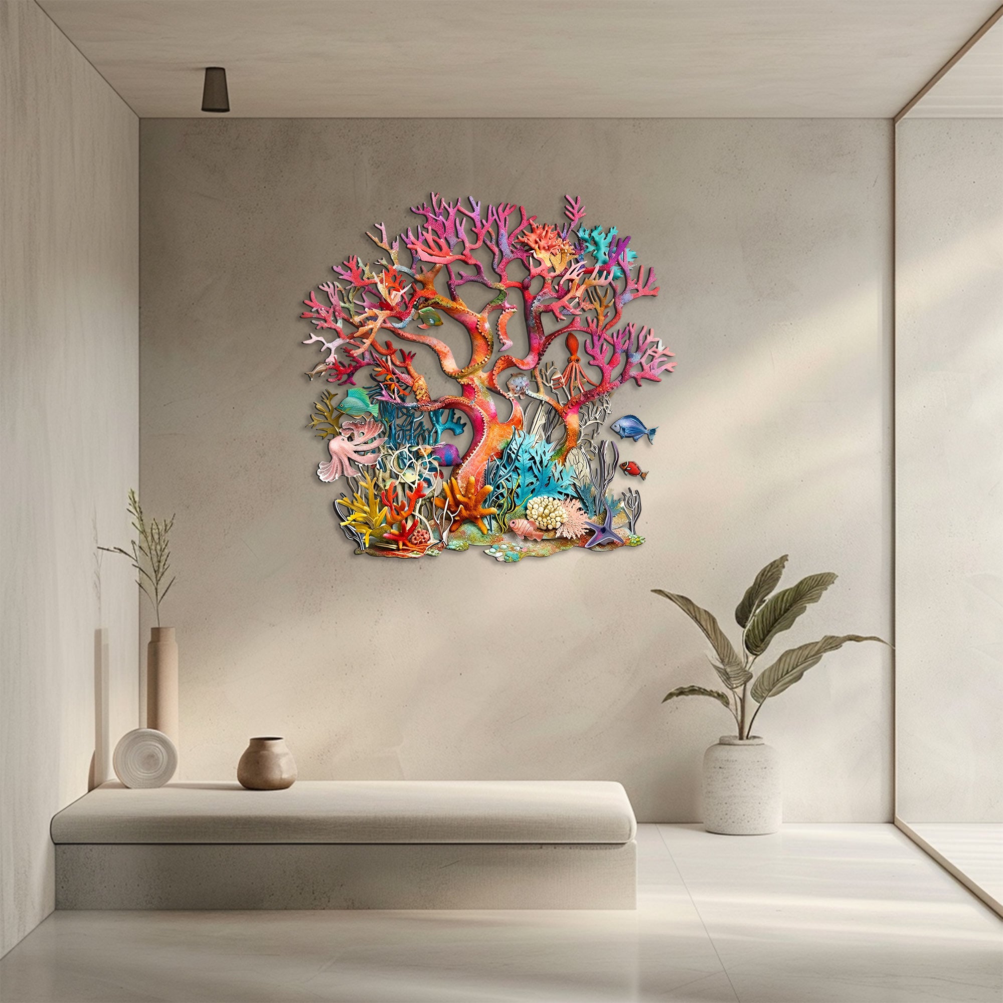 Pink Coral School of Fish Metal Wall Art – UV Printed Coastal Decor Beach Indoor Outdoor