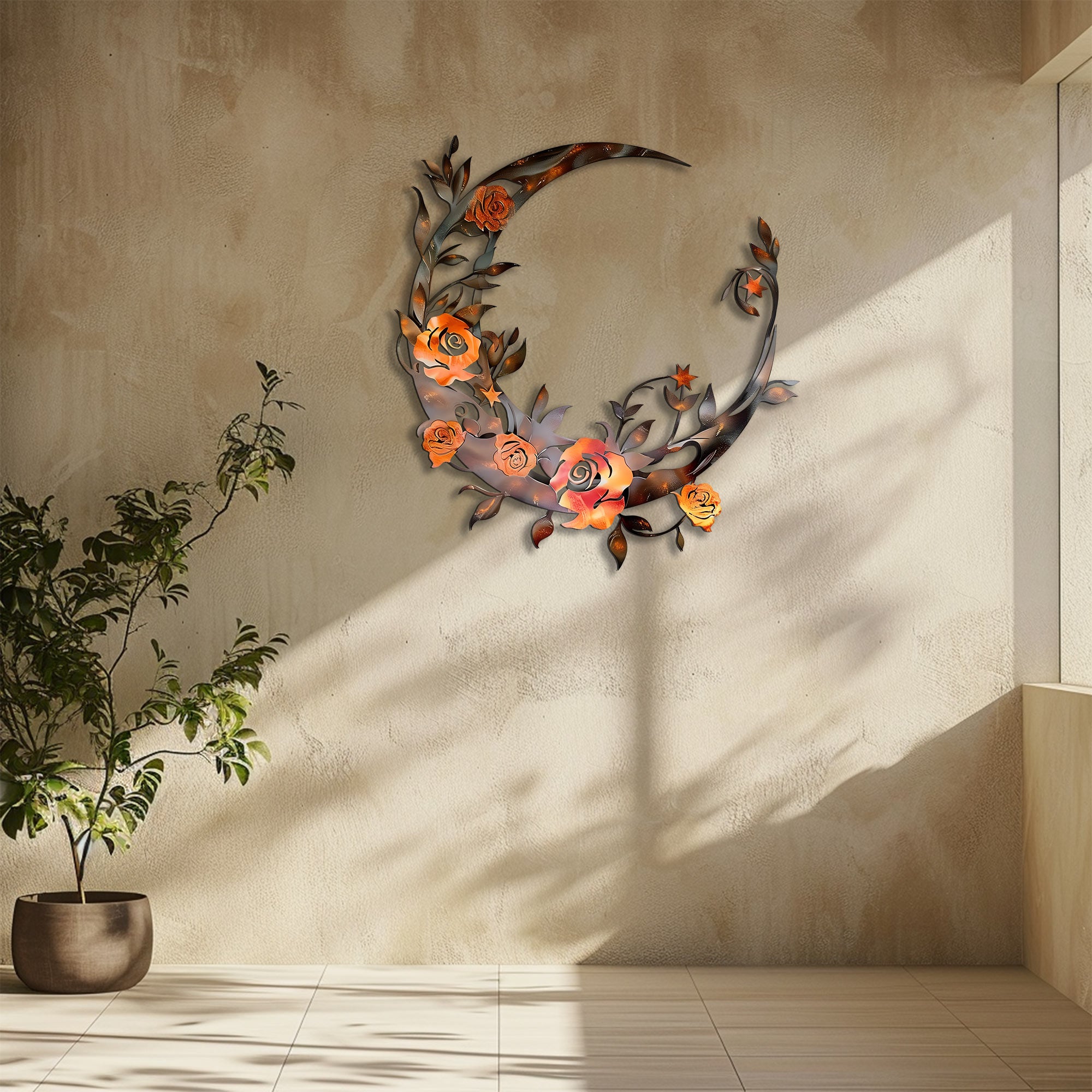 Rustic Moon Flower Metal Wall Art – UV Printed Aluminum Decor Boho Indoor Outdoor