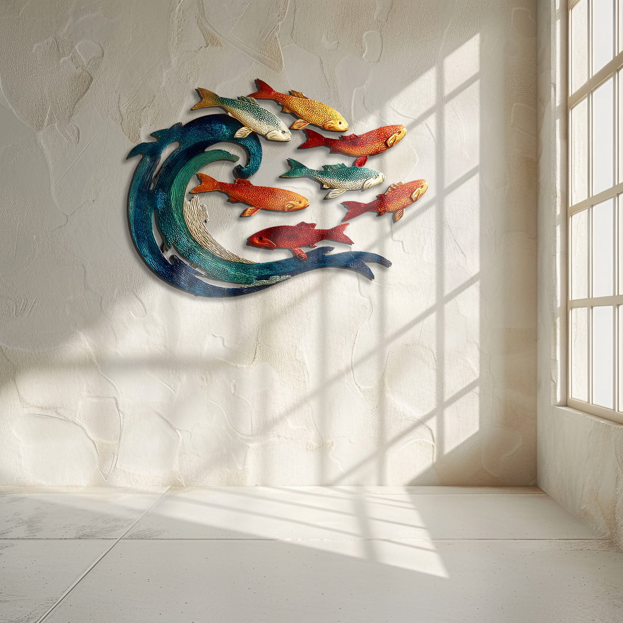 Wave School of Fish Metal Wall Art – UV Printed Coastal Decor Beach Indoor Outdoor