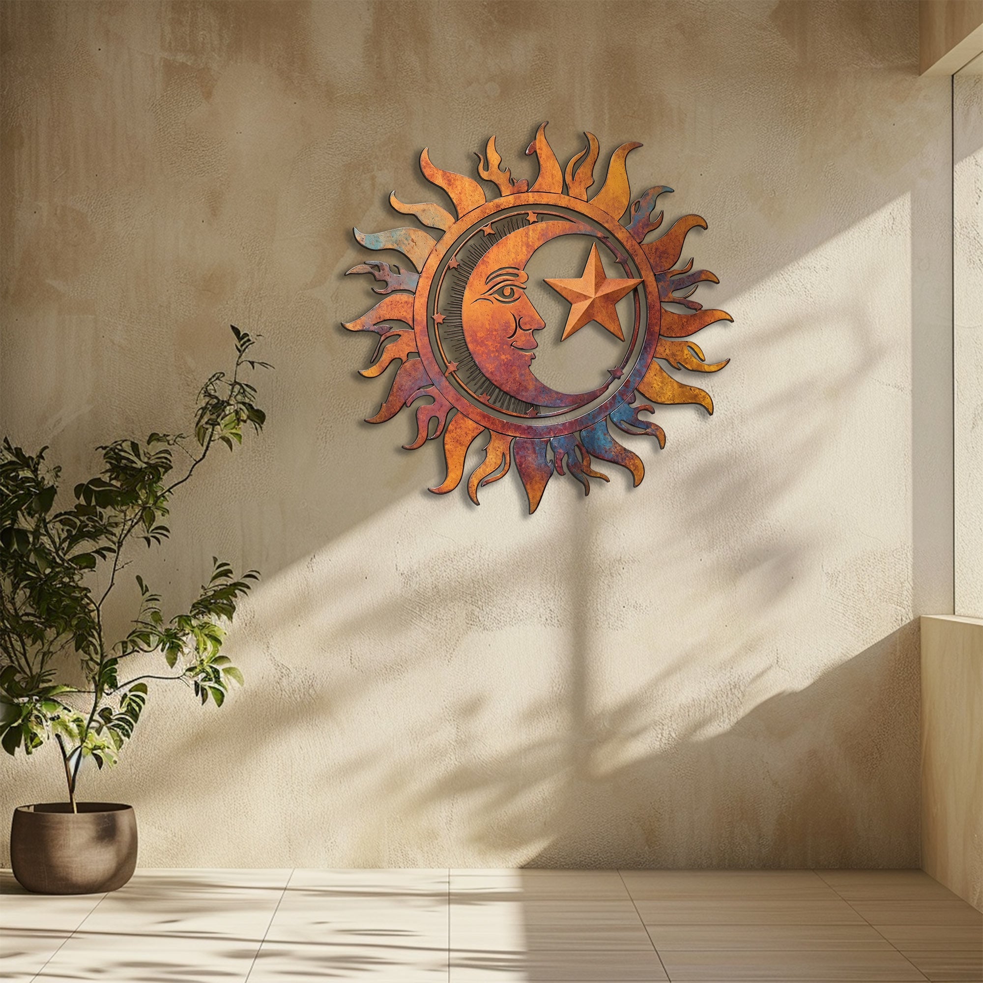 Rustic Sun Moon Star Metal Wall Art – UV Printed Decor Boho Indoor Outdoor