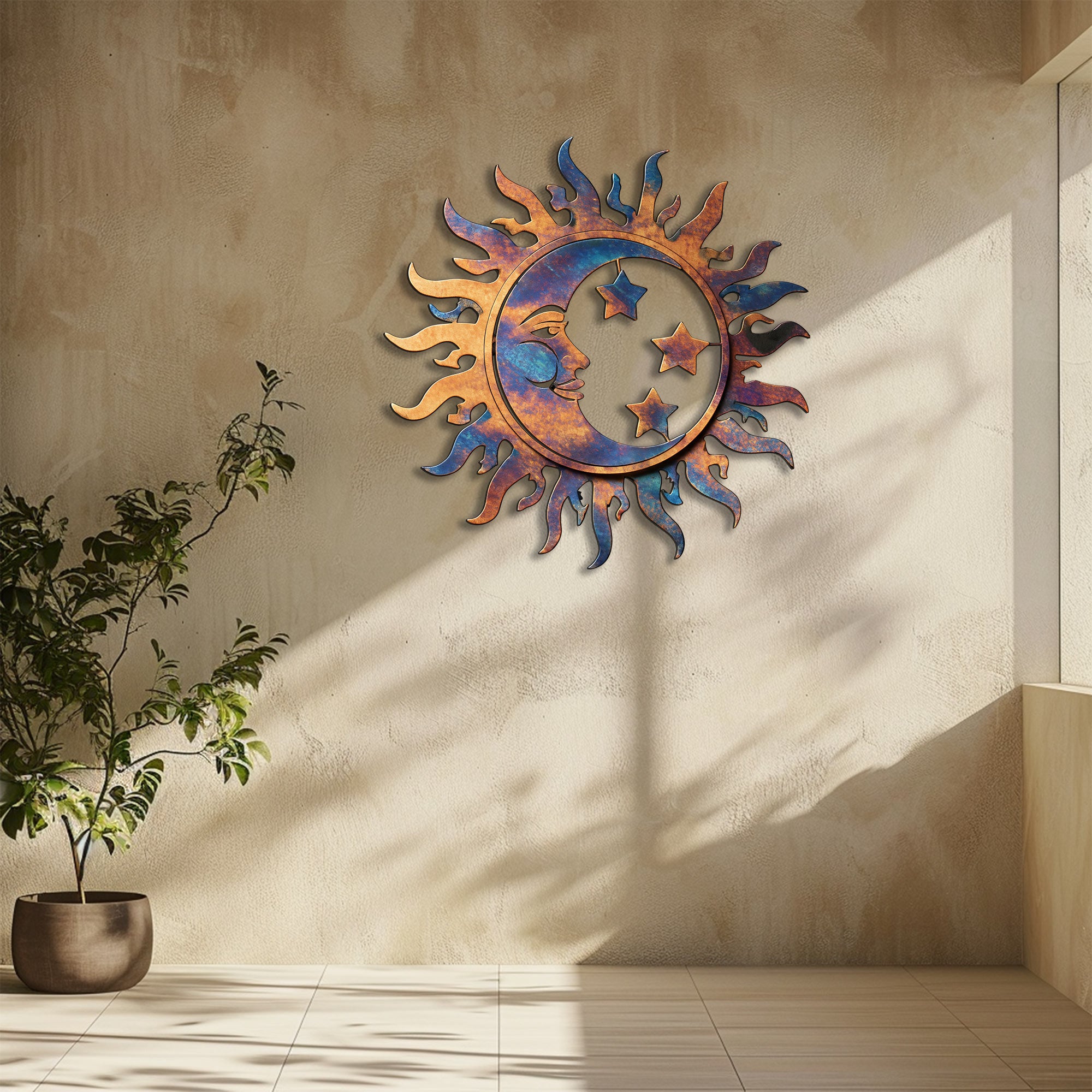 Blue Copper Sun Moon Star Metal Wall Art – UV Printed Decor Boho Indoor Outdoor