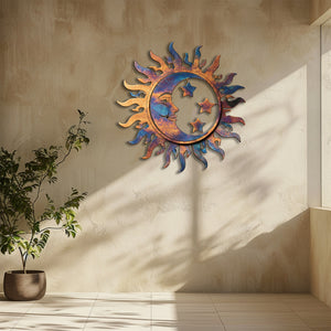 Blue Copper Sun Moon Star Metal Wall Art – UV Printed Decor Boho Indoor Outdoor