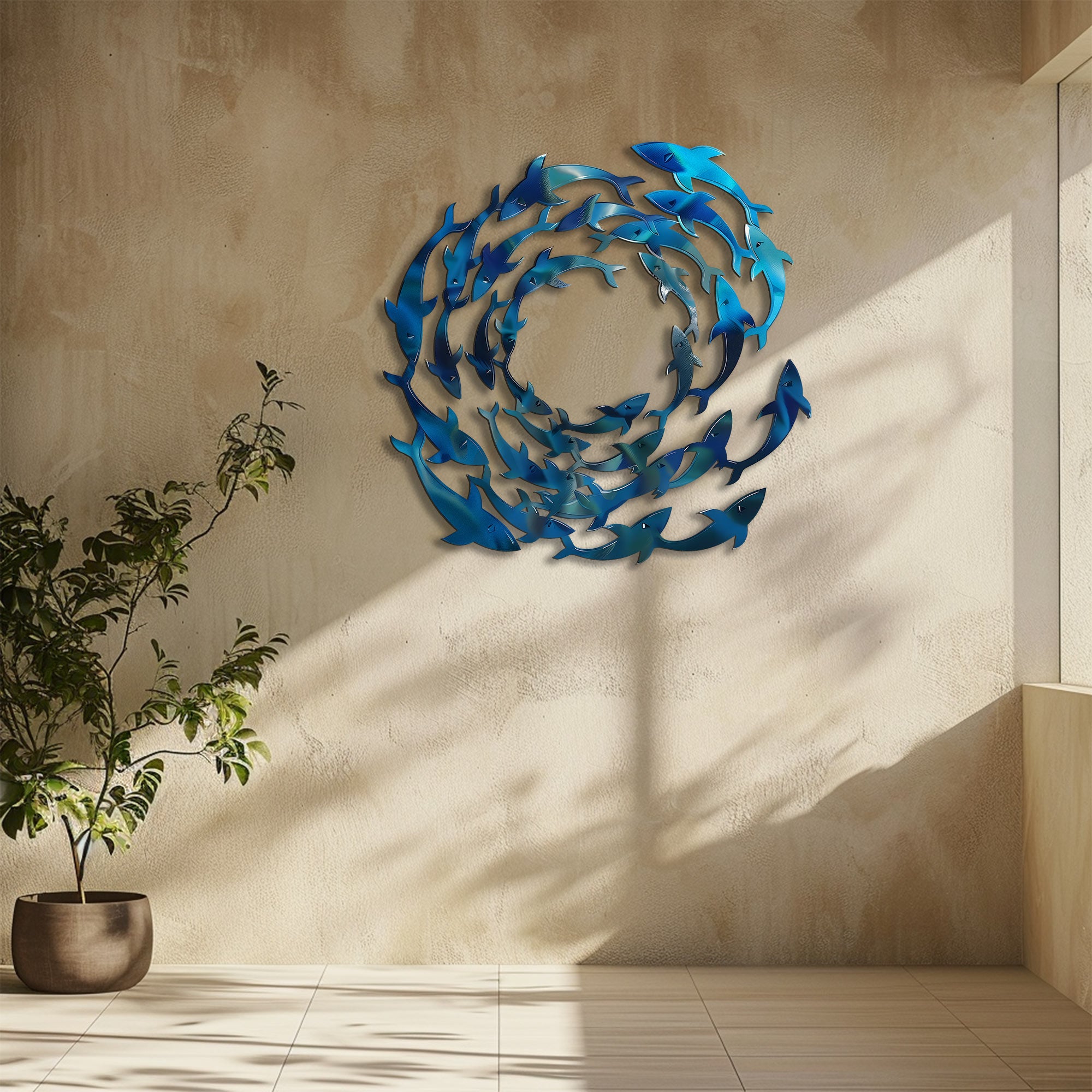 Circle School of Fish Metal Wall Art – UV Printed Coastal Decor Beach Indoor Outdoor