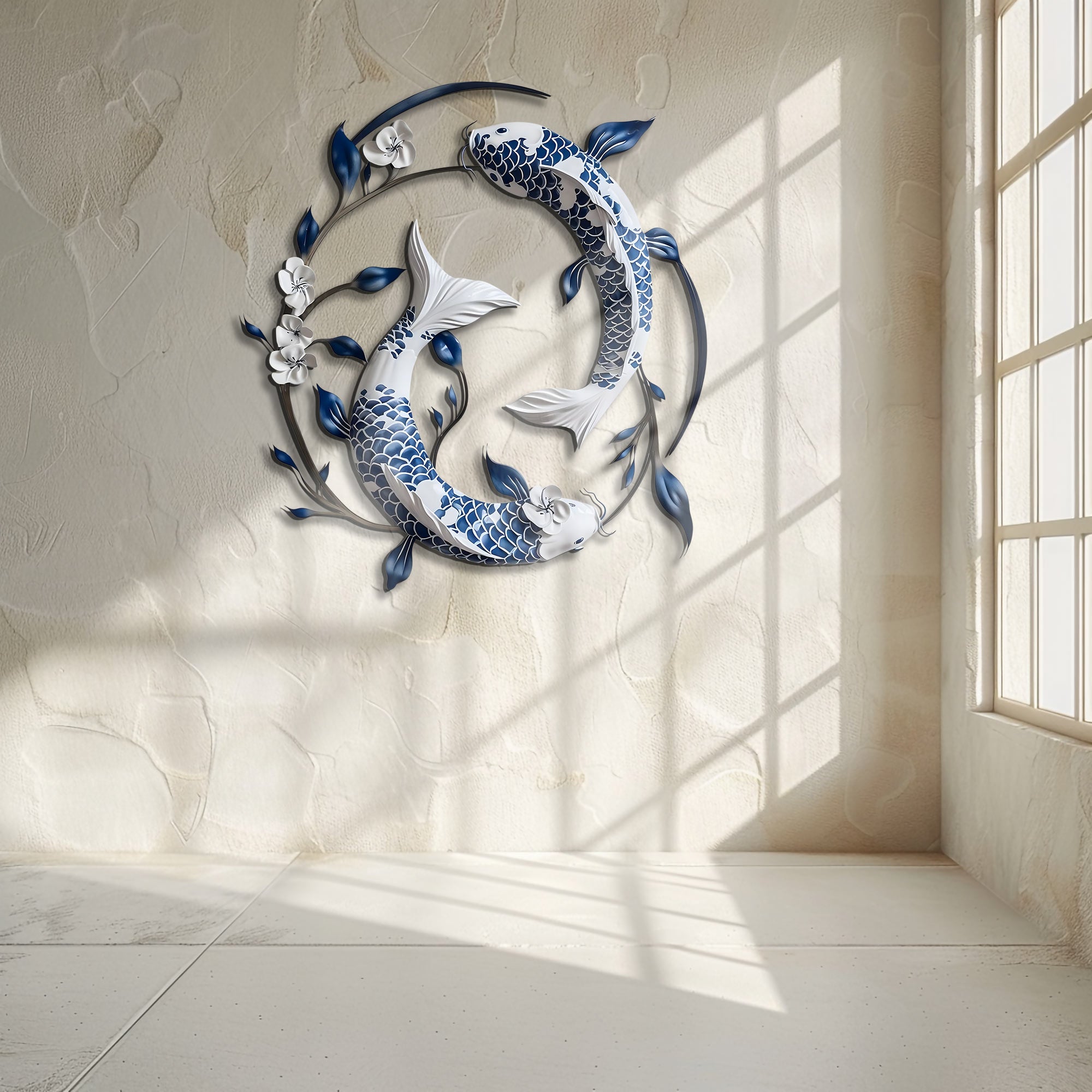 Blue White Koi Fish Metal Wall Art – UV Printed Aluminum Decor Feng Shui Zen Indoor Outdoor