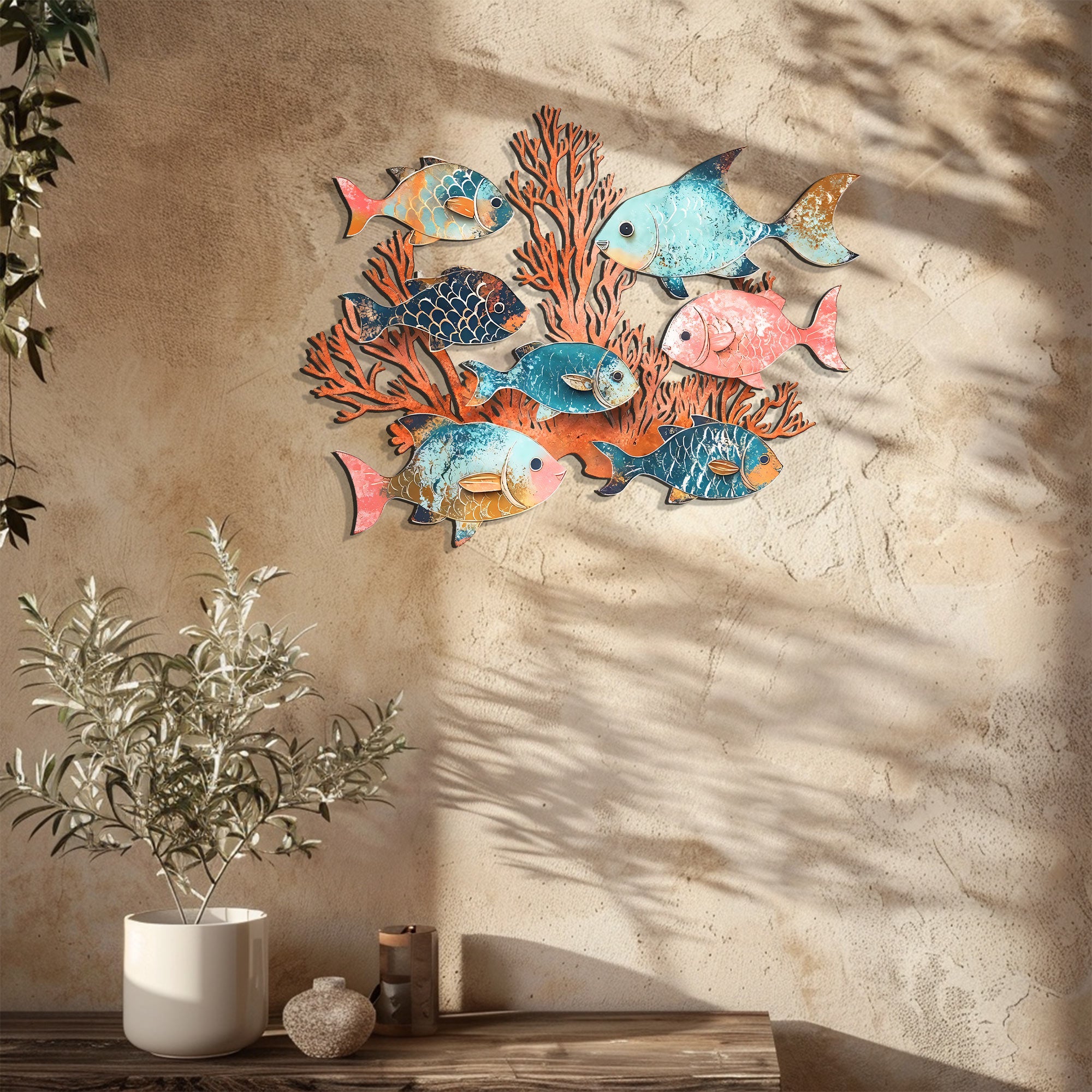 Coral School of Fish Metal Wall Art – UV Printed Coastal Decor Beach Indoor Outdoor