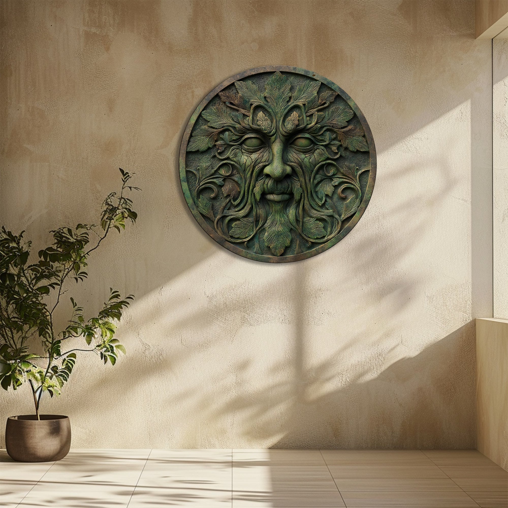 Green Man Face Metal Wall Art – UV Printed Aluminum Forest Spirit Garden Decor Indoor Outdoor