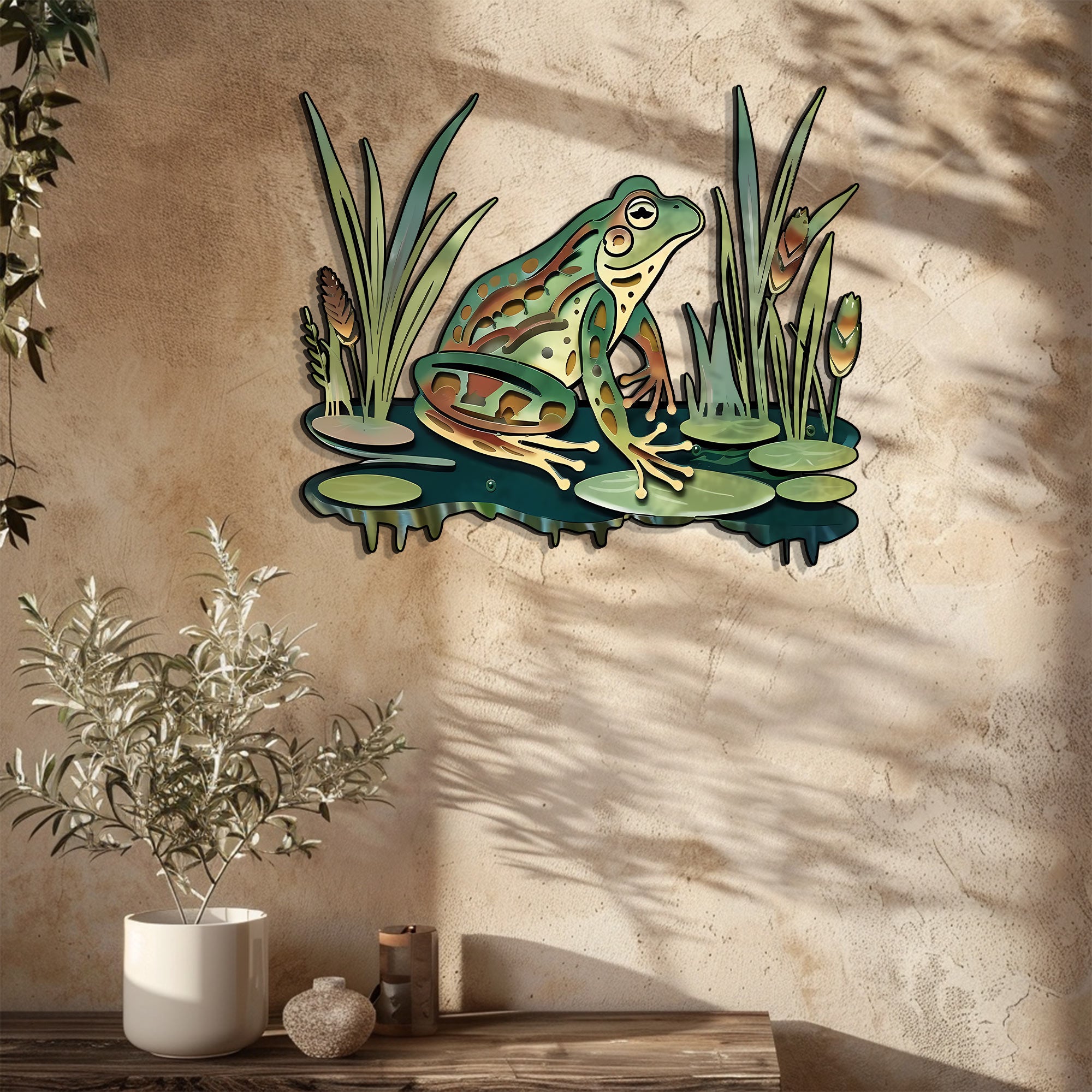 Frog Pond Metal Wall Art Lily Pad Nature Wall Decor Green Frog Garden Decor Rustic Wall Hanging