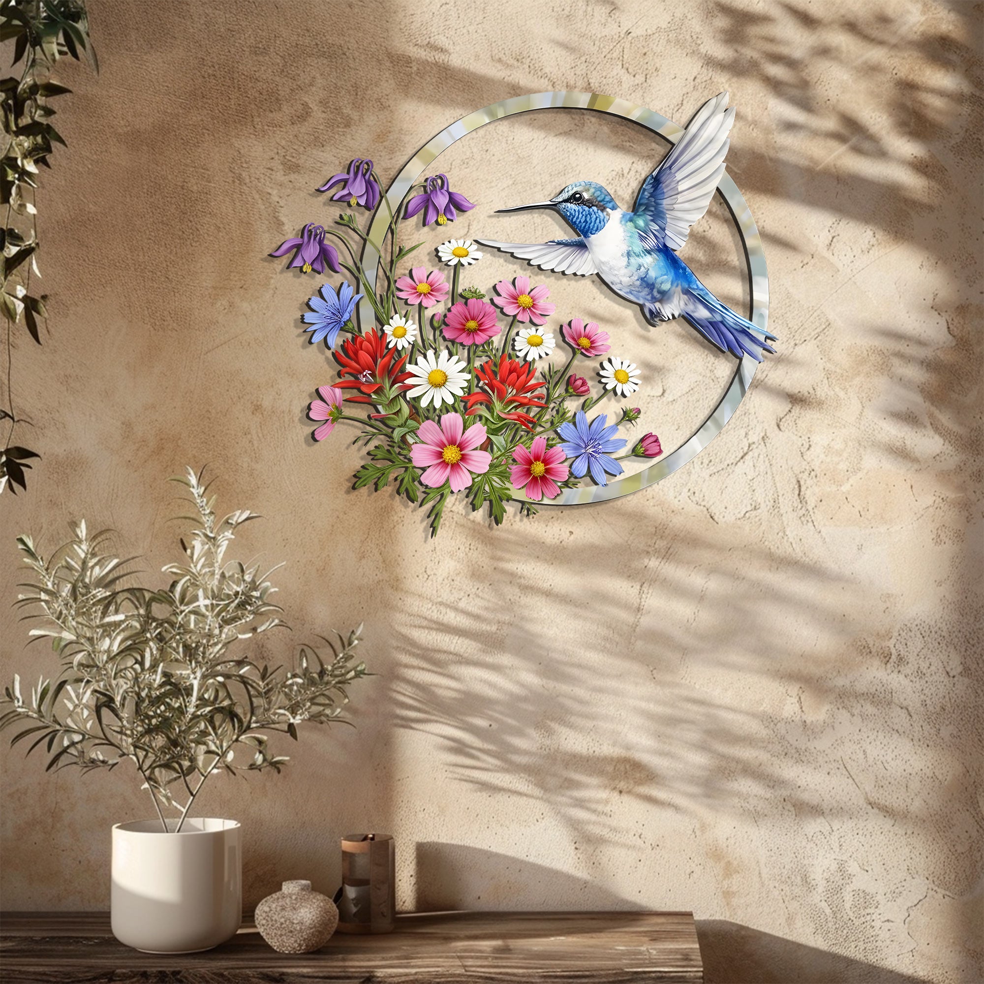 Hummingbird Floral Metal Wall Art – Wildflower Bird Decor Garden Indoor Outdoor