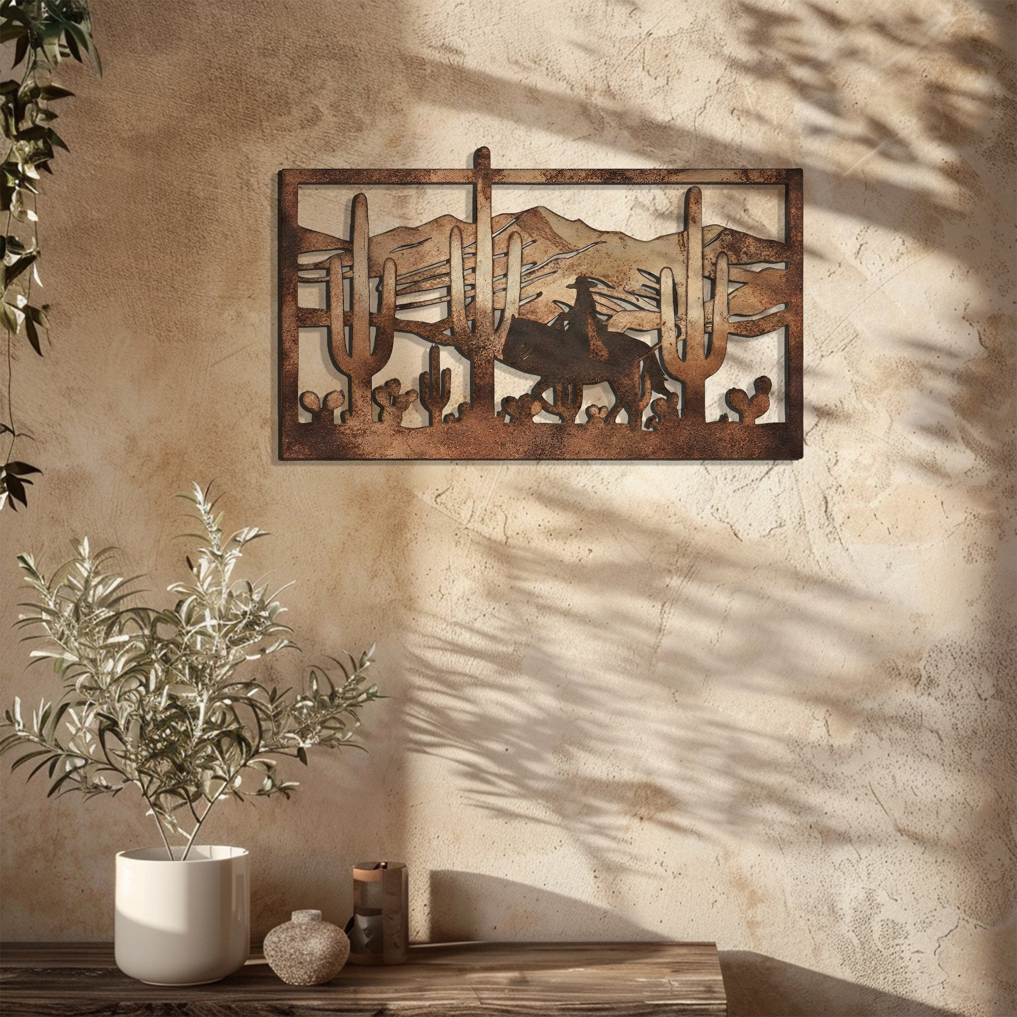 Western Cowboy Metal Wall Art – Desert Cactus Horse Decor Rustic Ranch Outdoor Indoor