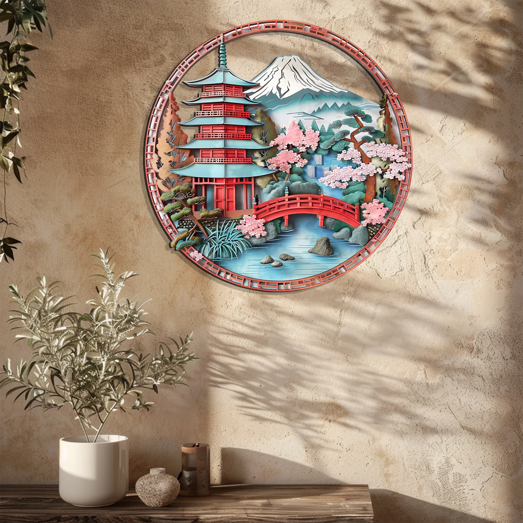 Japanese Pagoda Wall Art Sakura Landscape Decor – Asian Mountain Fuji Bridge Scene Metal Wall Decor Zen Home Decor