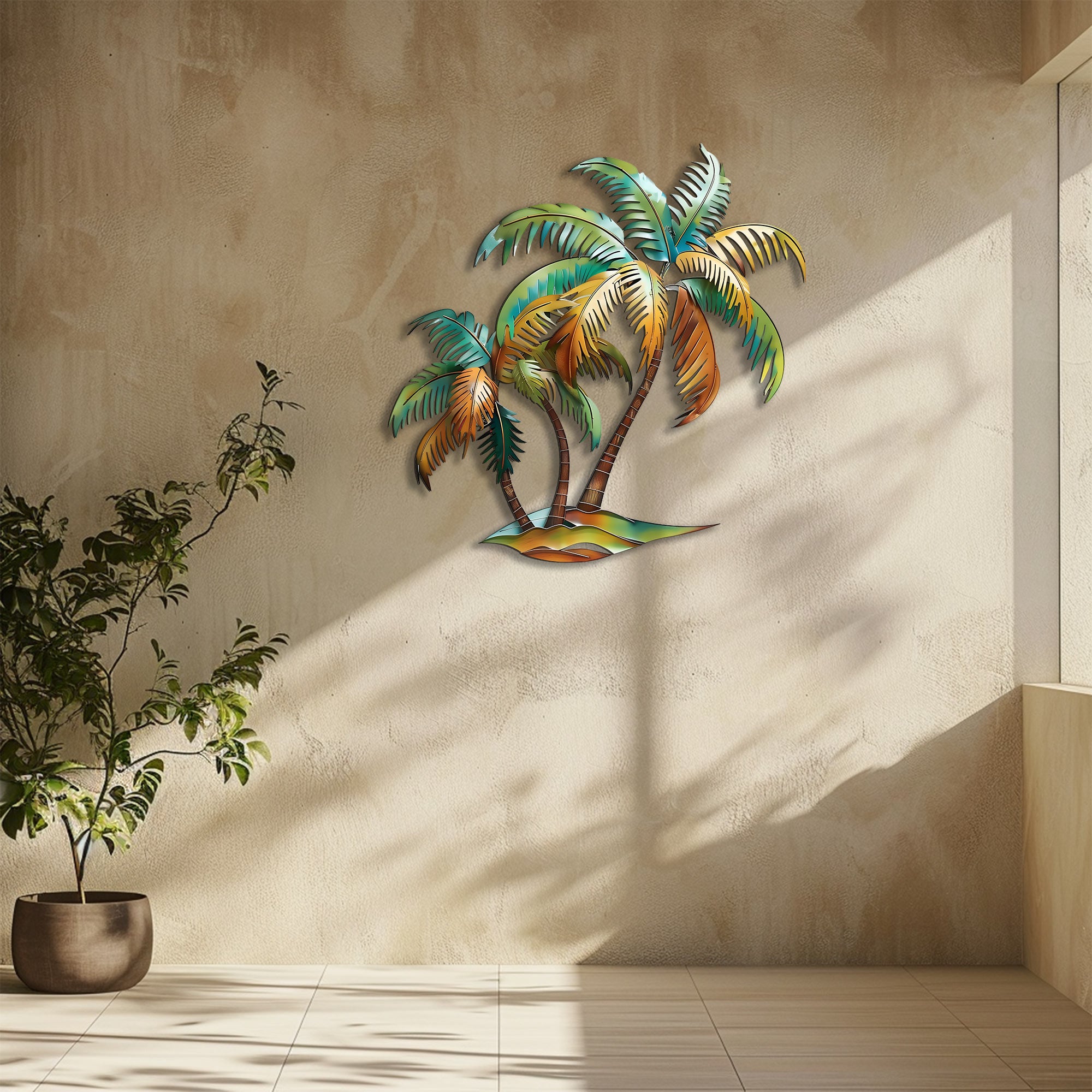 Palm Tree Metal Wall Art Sunset Beach Decor – Coastal Island Wall Hanging Rustic Summer Wall Art Home Decor V1